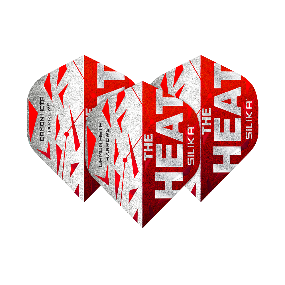 Harrow's Silika Damon Heta Series 3 Flights Das Bild zeigt drei Dart-Flights der Serie "Harrows Silika Damon Heta Series 3". Die Flights sind in Rot, Weiß und Silber gestaltet und tragen die Aufschrift "THE HEAT" sowie "SILIKA".