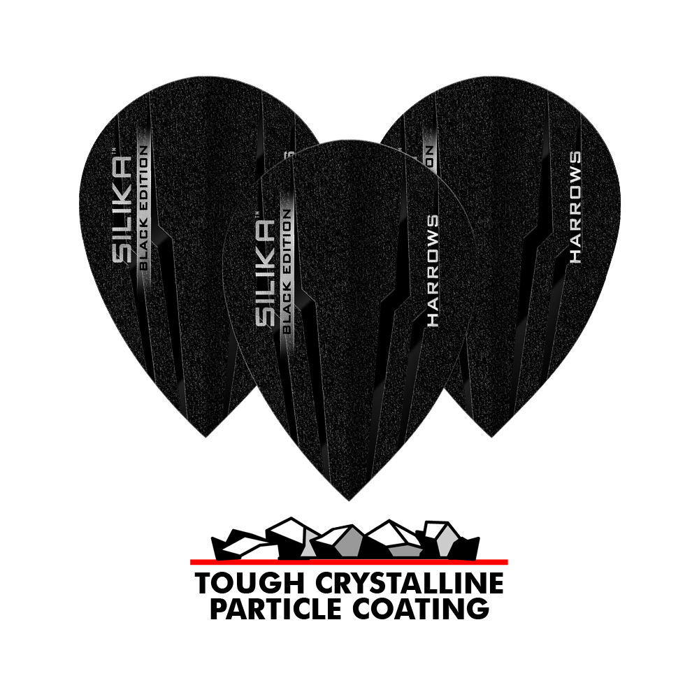 Harrow's Silica Black-Edition Pear Flights Das Bild zeigt die Harrows Silika Black-Edition Pear Flights, die in Schwarz mit silberner Beschriftung gestaltet sind. Unten im Bild steht „TOUGH CRYSTALLINE PARTICLE COATING“, was auf eine widerstandsfähige, kristalline Beschichtung hinweist.