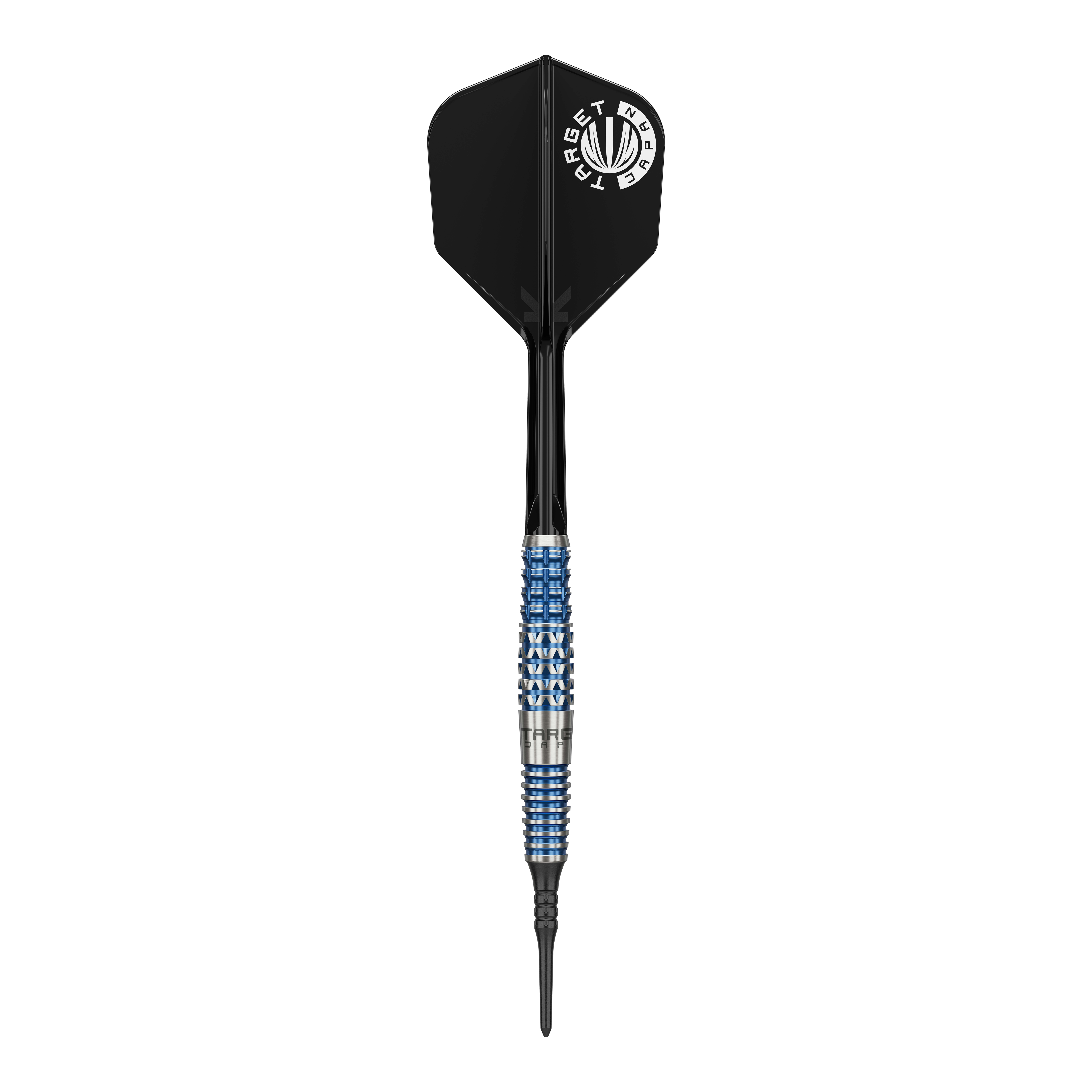 Target Japan Toru Suzuki Sereno GEN2 Soft Darts - 20g Das Bild zeigt einen Softdart der Marke Target Japan, Modell Toru Suzuki Sereno GEN2 mit 20g Gewicht. Der Dart hat ein auffälliges Design mit einem schwarz-blauen Griff und schwarzer Flight mit weißem Logo.