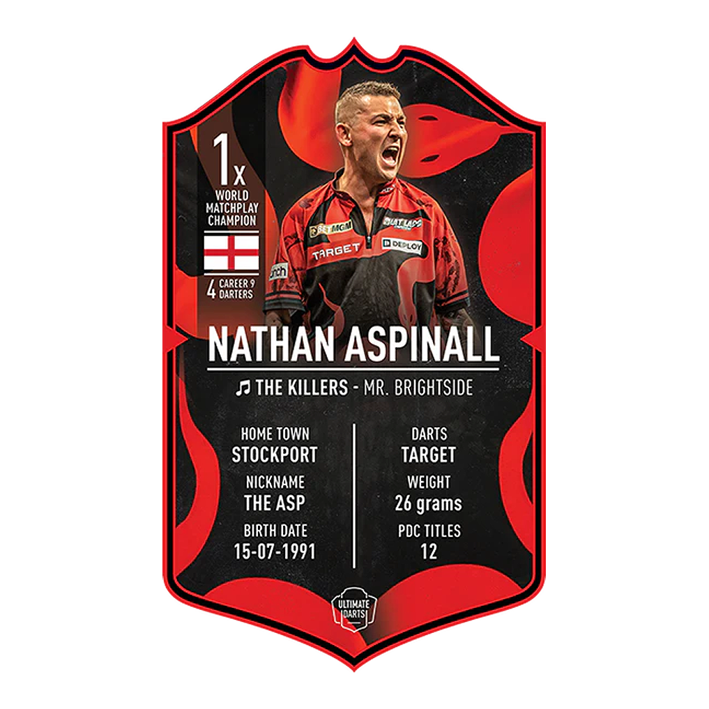 Abgebildet ist die Ultimate Darts Card von Nathan Aspinall. Die Karte zeigt ein Produkt für Darts-Fans.