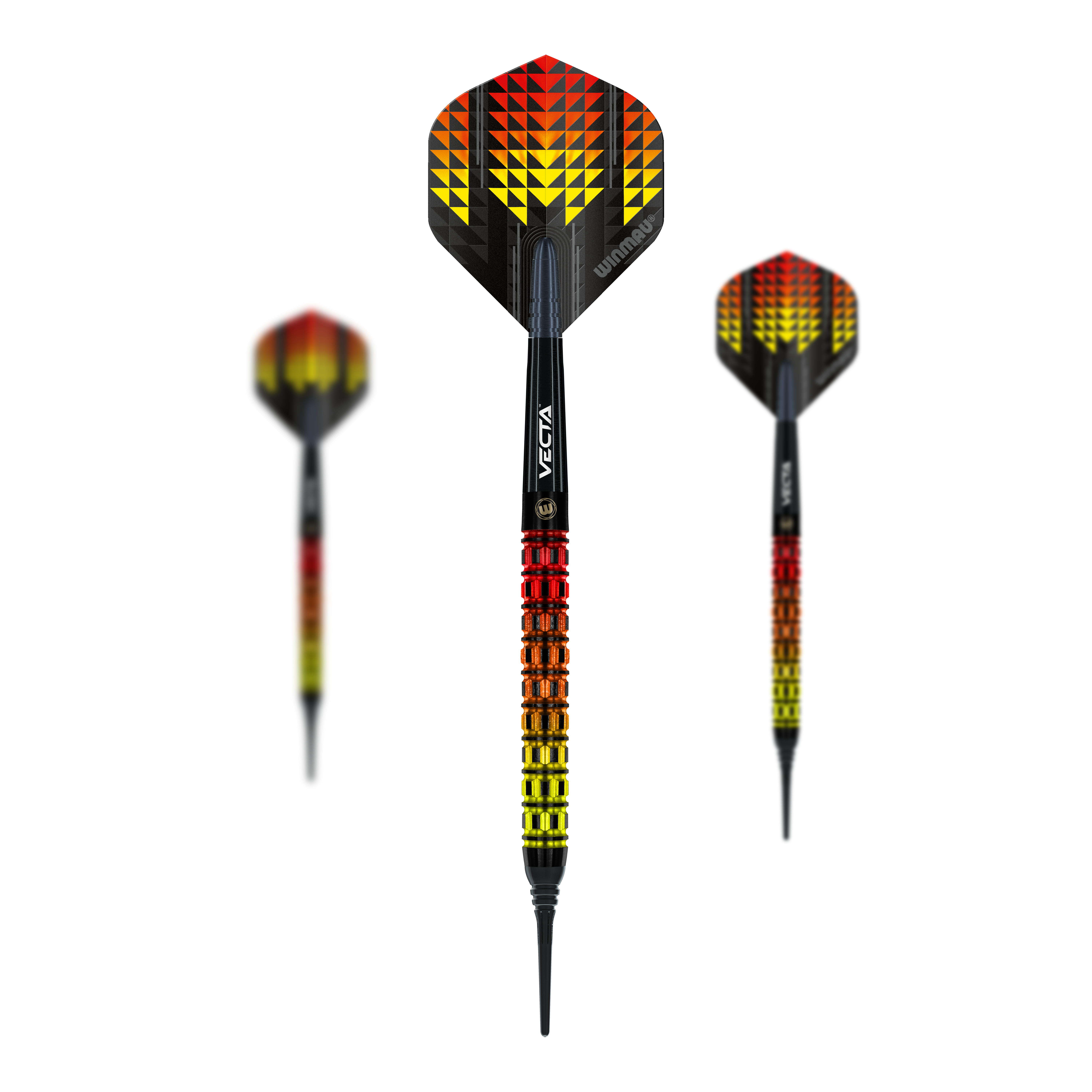 Winmau Firestorm Flame Parallel Softdarts - 20g Das Bild zeigt drei Winmau Firestorm Flame Parallel Softdarts mit einem Gewicht von 20g. Die Darts haben ein auffälliges Design in Gelb, Rot und Schwarz mit einem flammenähnlichen Muster.