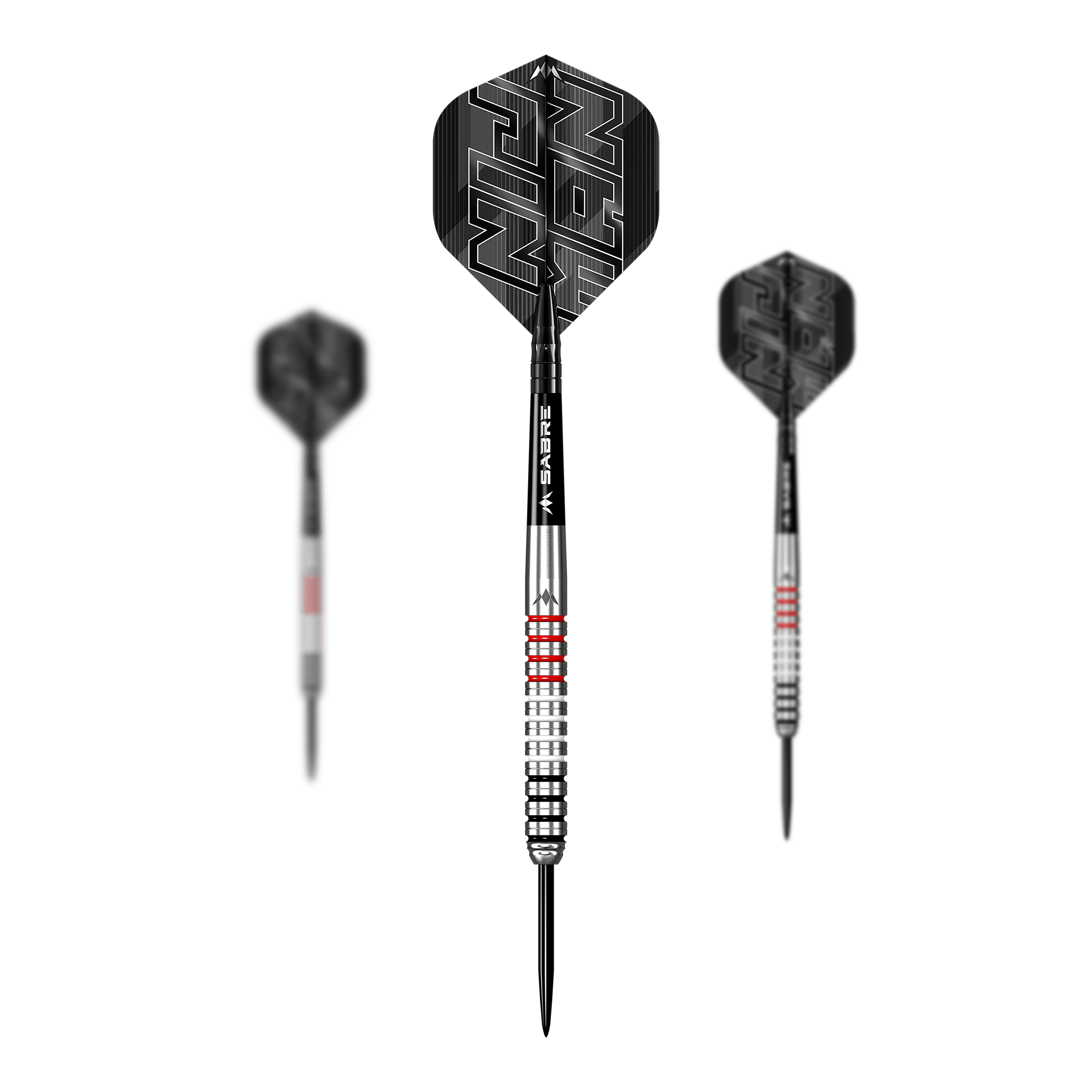 Mission Wessel Nijman steel darts - 23g Das Bild zeigt drei Steeldarts des Produkts "Mission Wessel Nijman Steeldarts - 23g". Die Darts haben silberne Spitzen mit schwarzen und roten Akzenten sowie schwarze Flights mit weißem Schriftzug.
