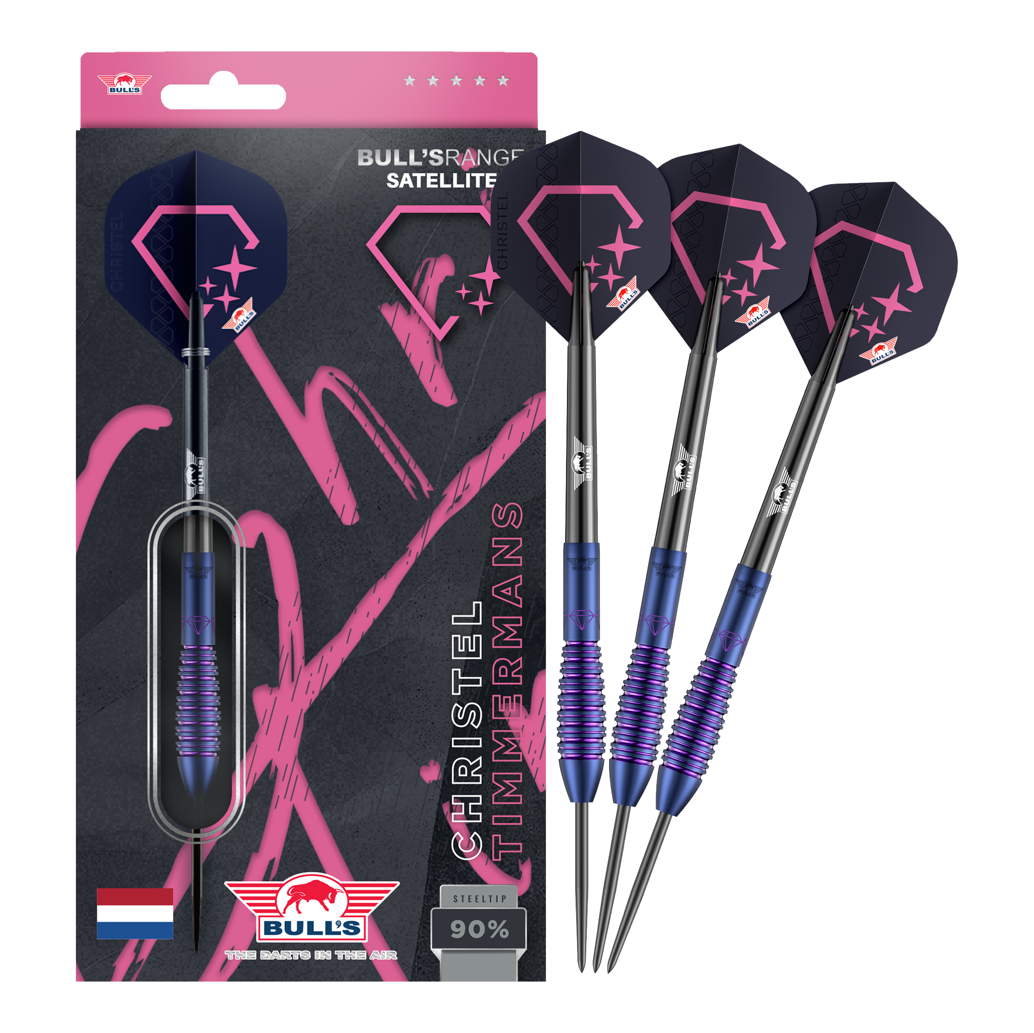Bulls NL Christel Timmermans Satellite 90 steel darts 25g Dieses Bild zeigt die Bulls NL Christel Timmermans Satellite 90 Steeldarts 25g in voller Ansicht. Sie sind ideal für das professionelle Dartspiel geeignet.