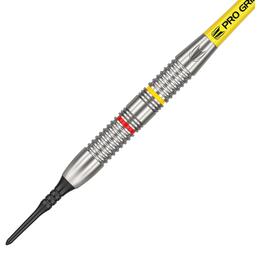 170006_Target_Gabriel_Clemens_Brass_Softdarts_2 Dies ist ein Target Gabriel Clemens Brass Softdart mit einem Gewicht von 18 Gramm. Der Dart hat einen silbernen Barrel mit roten und gelben Ringen und einer schwarzen Softspitze.