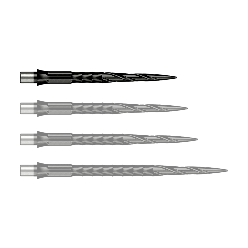 Caliburn System steel dart tips - Spiro - No Lip - Black Das Foto zeigt Caliburn Evo System Steeldartspitzen Spiro NoLip Black in 28 mm Länge. Diese Dartspitzen sind in Schwarz gehalten und besonders langlebig.