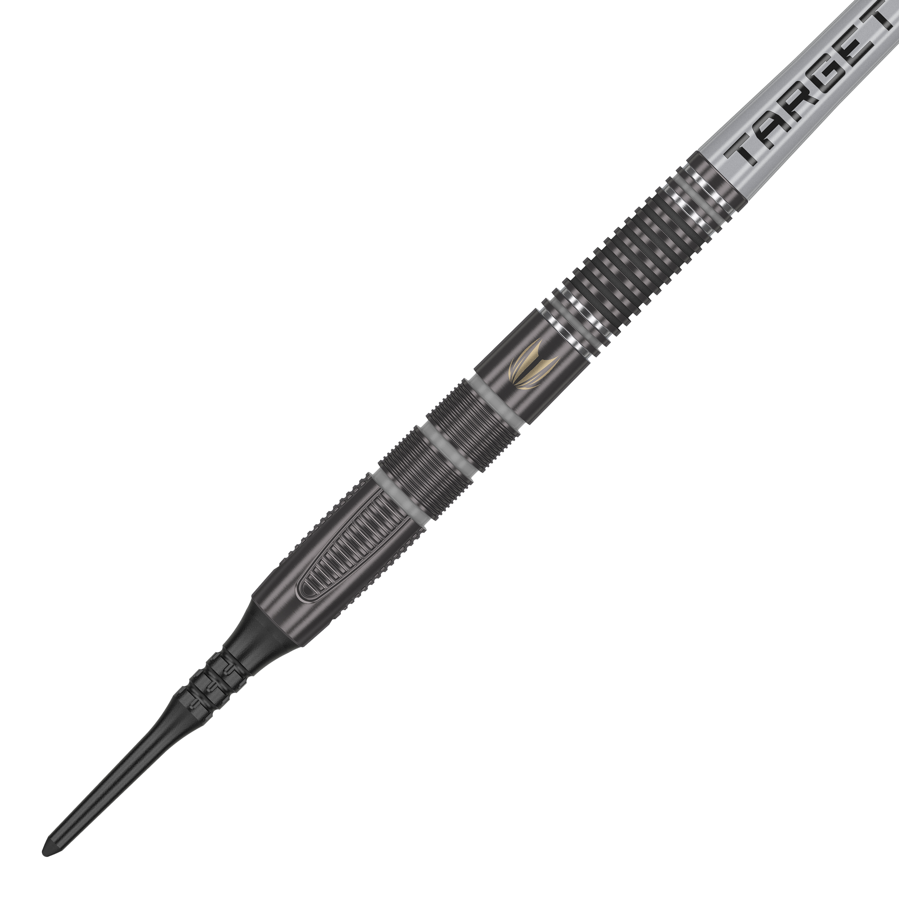 Target Nathan Aspinall X Echo Softdarts - 18g Das Bild zeigt einen Target Nathan Aspinall X Echo Softdart mit einem Gewicht von 18g. Der Dart ist schwarz und silber und hat das Wort "TARGET" auf dem Flight stehen.