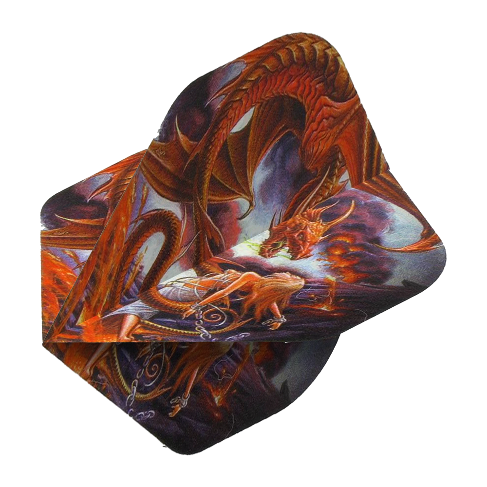 Das Bild zeigt die Alchemy Forge Of Vesuvius No2 Standard Flights mit einem auffälligen Drachenmotiv. Die Flights sind farbenfroh gestaltet und ideal für Dartpfeile geeignet.