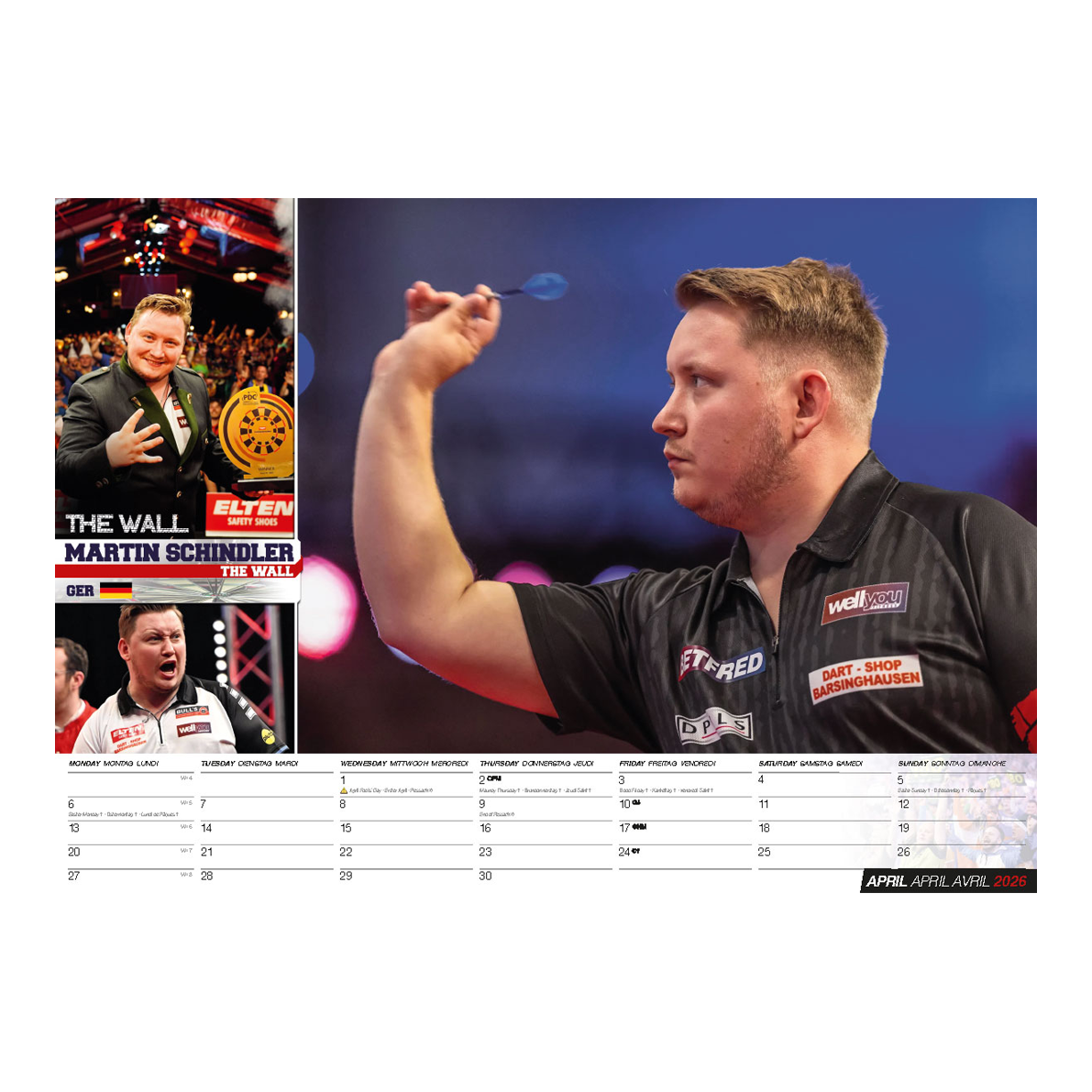 Dieses Bild stellt den Darts Kalender 2026 dar. Der Kalender bietet verschiedene Darts-Bilder für jeden Monat im Jahr 2026.