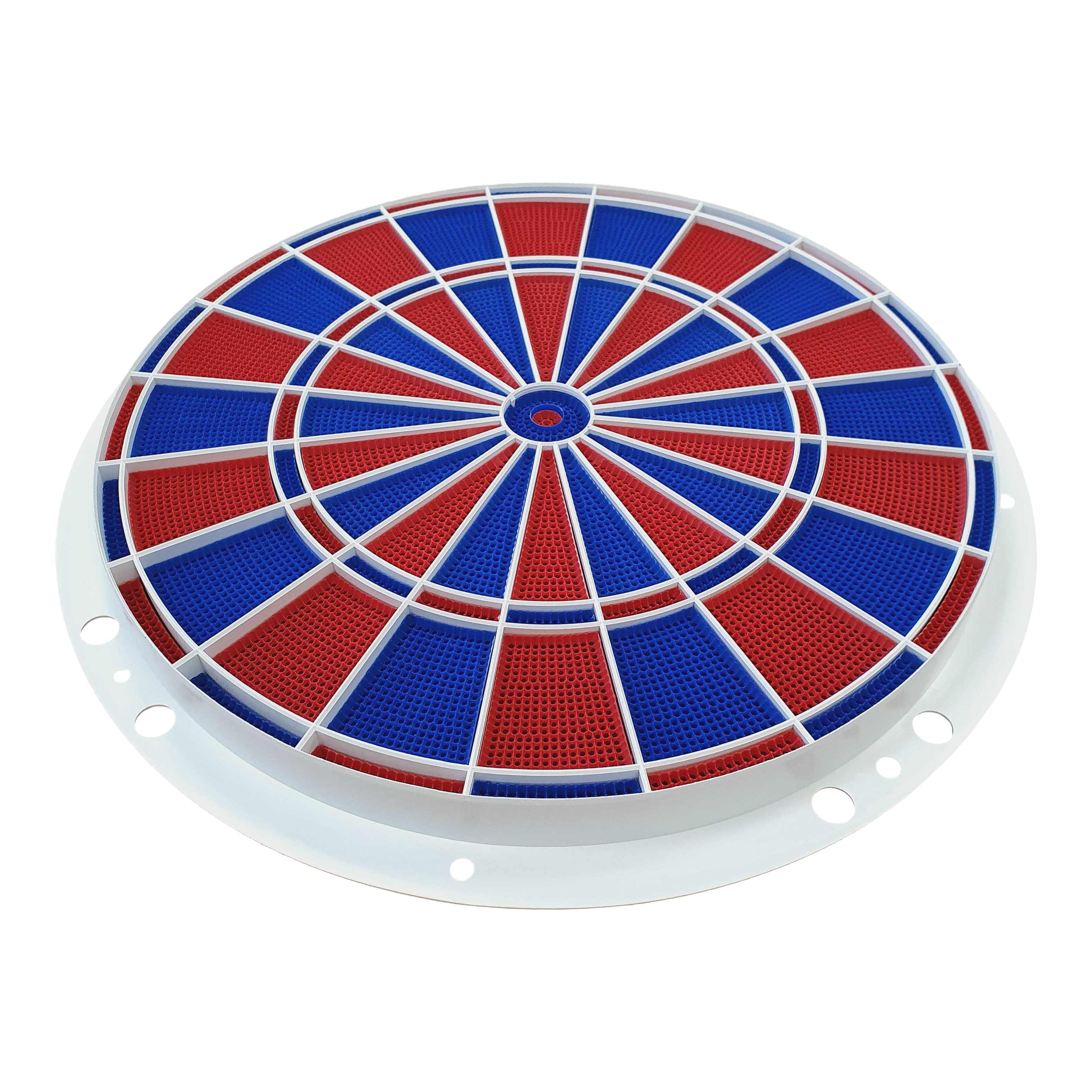 Löwen Dart spare parts 82 segment and spider set Das Bild zeigt ein rundes Dart-Segment- und Spider-Set in den Farben Blau und Rot. Es handelt sich um ein Ersatzteil für elektronische Dartscheiben, Modell Löwen Dart 82er.