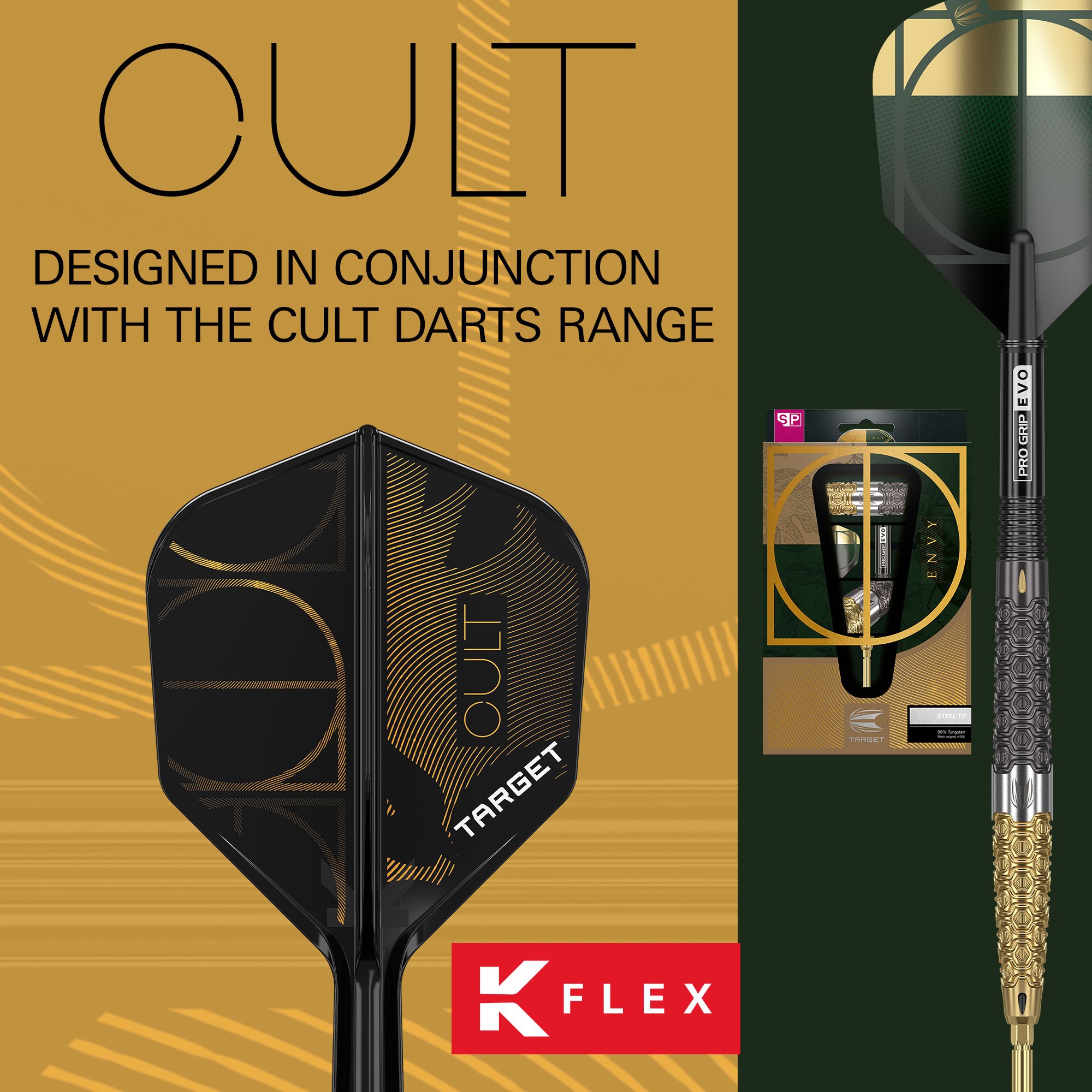 Zu sehen ist das Target K-Flex Cult No6 Flight-Shaft-System. Es bietet eine innovative Lösung für Dartflight und -schaft.