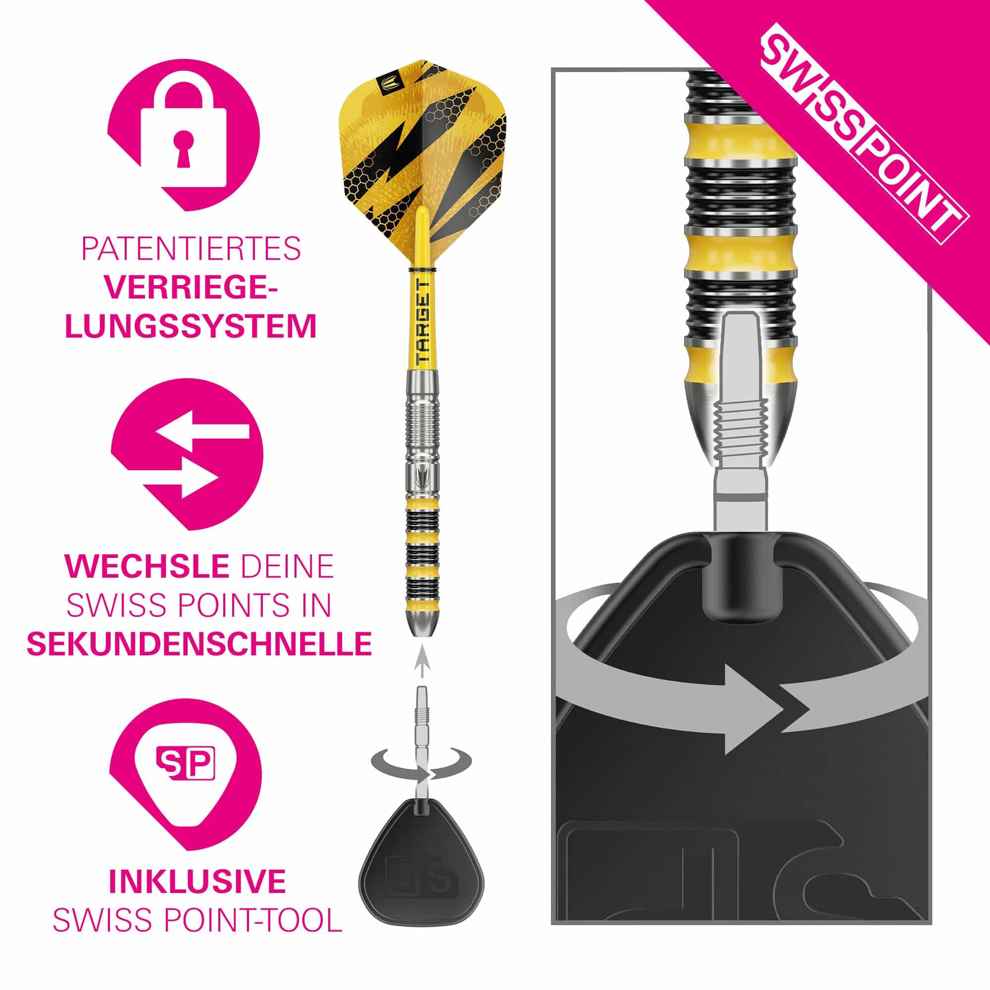 Target Buzz 01 Swiss Points steel darts Zu sehen sind Target Buzz 01 Swiss Points Steeldarts. Diese Steeldarts sind ideal für den Dartsport geeignet.
