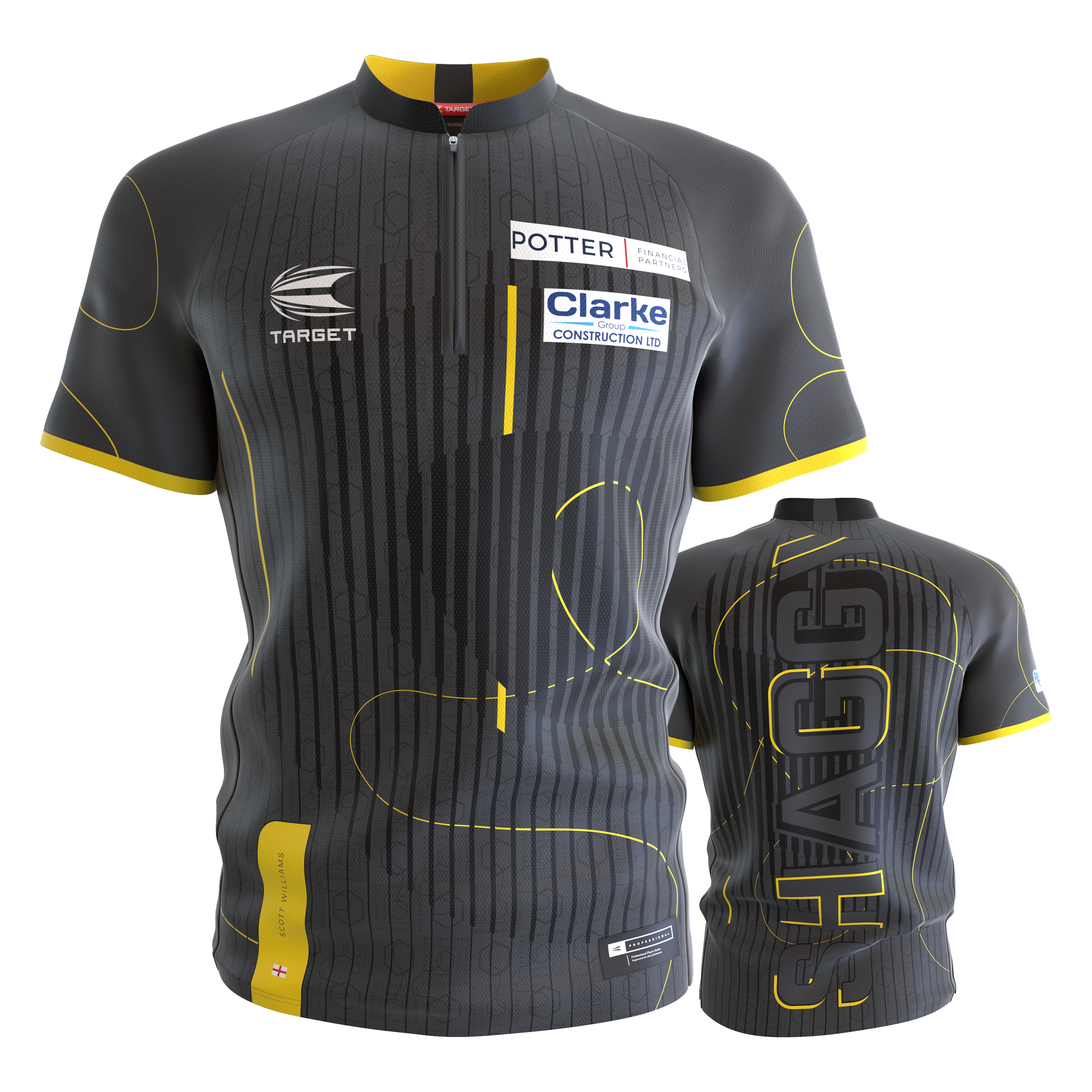 Target Coolplay Collarless Scott Williams dart shirt Das Bild zeigt das Target Coolplay Collarless Scott Williams Dartshirt in Grau mit gelben Akzenten. Auf der Vorderseite sind Sponsorenlogos zu sehen und auf der Rückseite steht groß "SHAGGY".