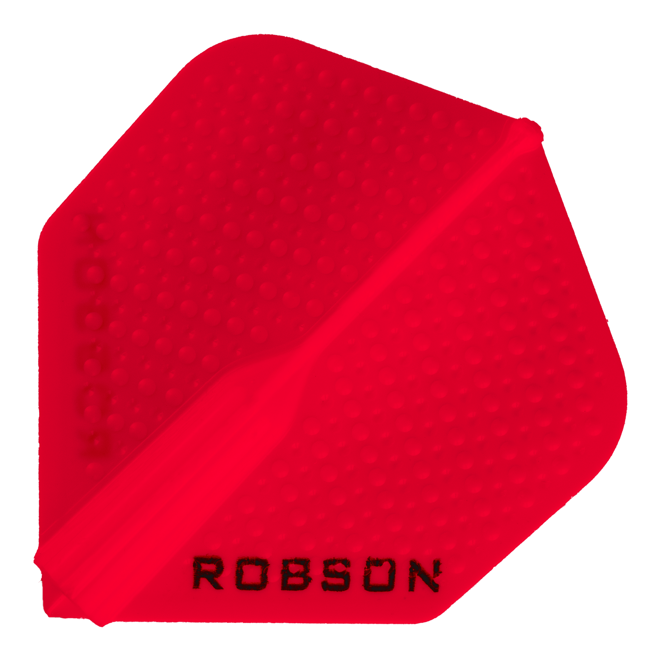 Robson Plus Dimple Flights - Rot Das Bild zeigt einen roten Dartflight mit einer genoppten Oberfläche. Am unteren Rand steht das Wort "ROBSON" in schwarzer Schrift.