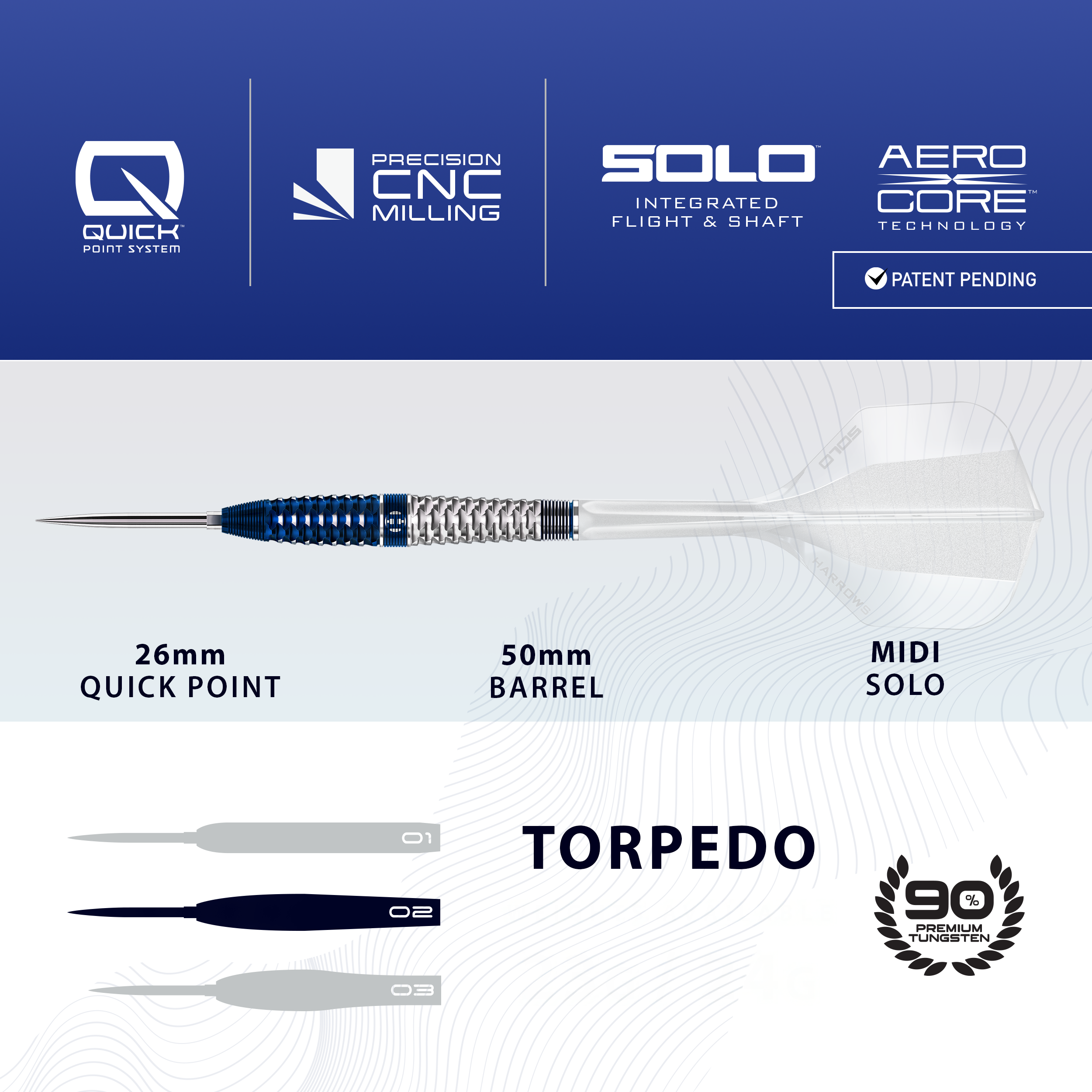Abgebildet sind die Harrows GEO Torpedo Quick Point Steeldarts. Die Darts haben eine spezielle Torpedo-Form.