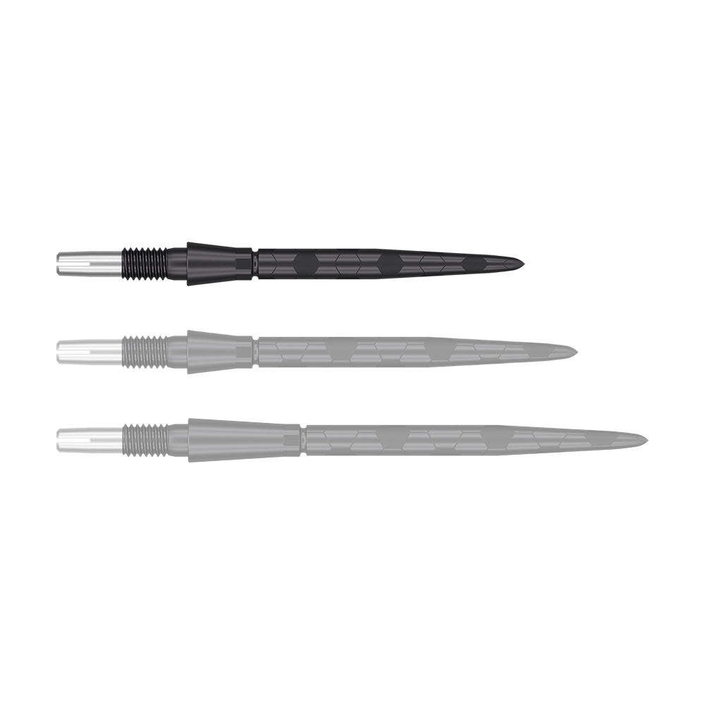 Target Swiss Storm Onyx Point Dart Tips - Black Das Bild zeigt drei schwarze Dartspitzen in einer Reihe. Sie haben ein metallisches Gewinde am einen Ende und sind schlank sowie geriffelt gestaltet.