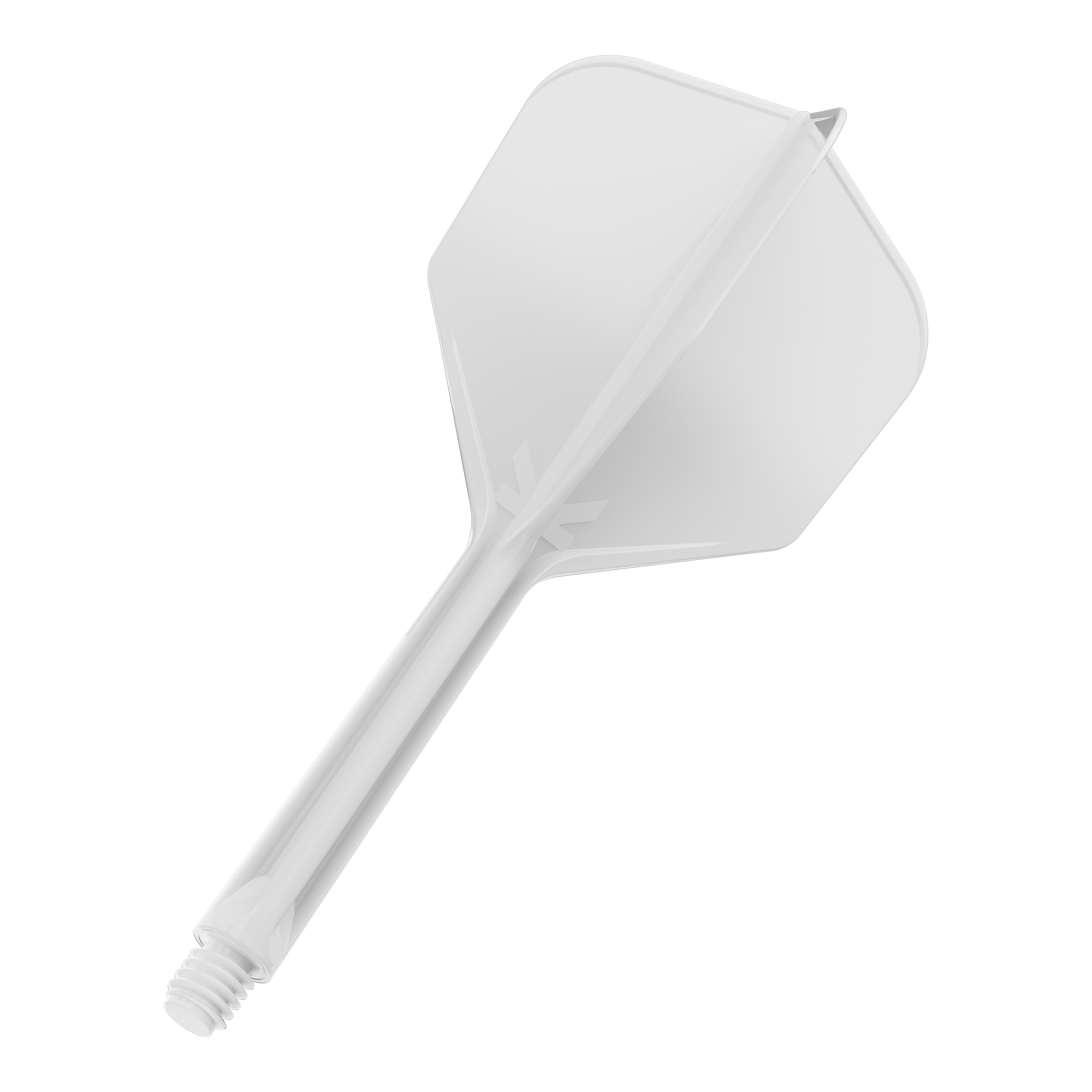Target K-Flex No6 Flight System - White Das Bild zeigt einen weißen Dart-Flightschaft mit integriertem Flight. Er hat ein einfaches, transparentes Design und ein Schraubgewinde am Ende.