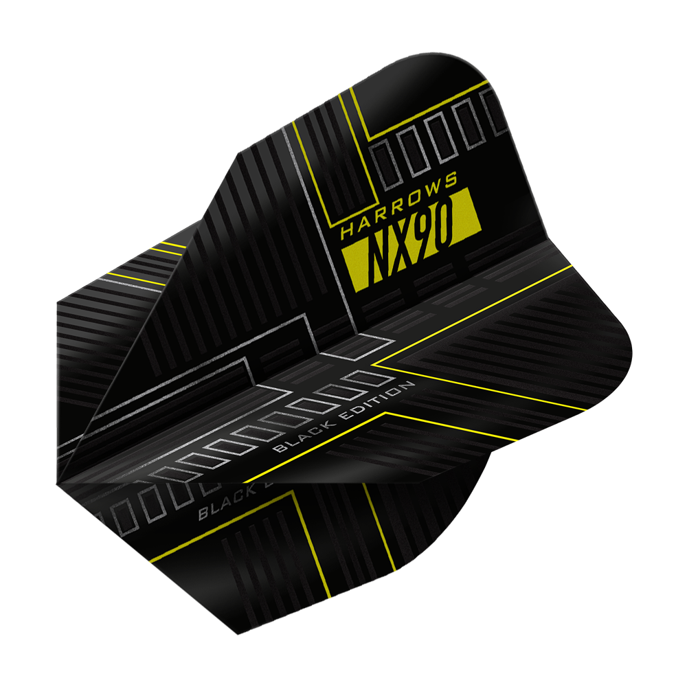 Harrows NX90 Black Edition No6 Flights Das Bild zeigt das Produkt "Harrows NX90 Black-Edition No6 Flights". Das Flight ist überwiegend schwarz mit gelben und grauen Akzenten und moderner Grafik.