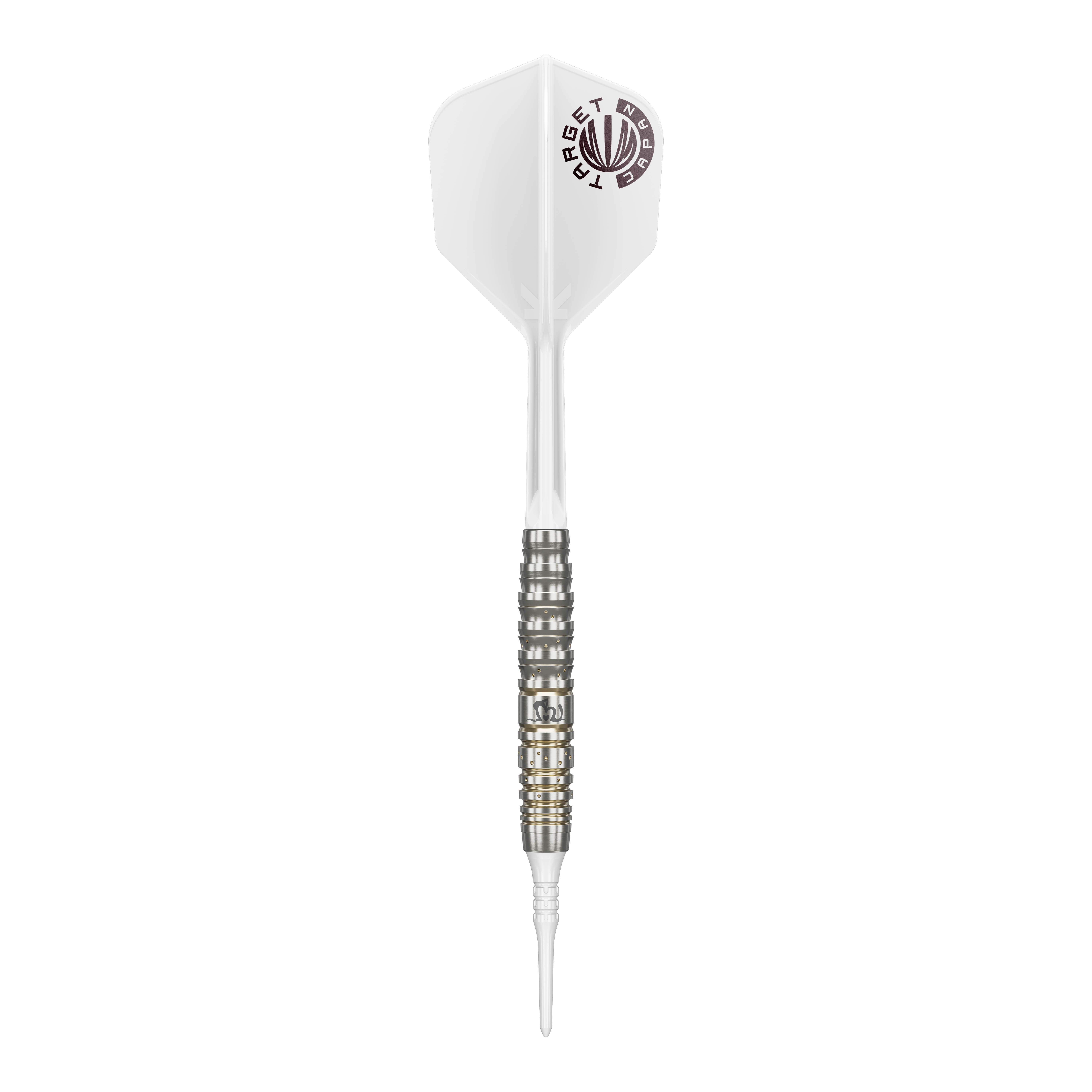 Target Japan Prime Series Mayujo Morita GEN6 Soft Darts - 18g Das Bild zeigt einen Softdart der Serie "Target Japan Prime Series Mayujo Morita GEN6" mit einem Gewicht von 18g. Der Dart hat eine weiße Flight mit Logo und einen silberfarbenen, fein gerillten Barrel.