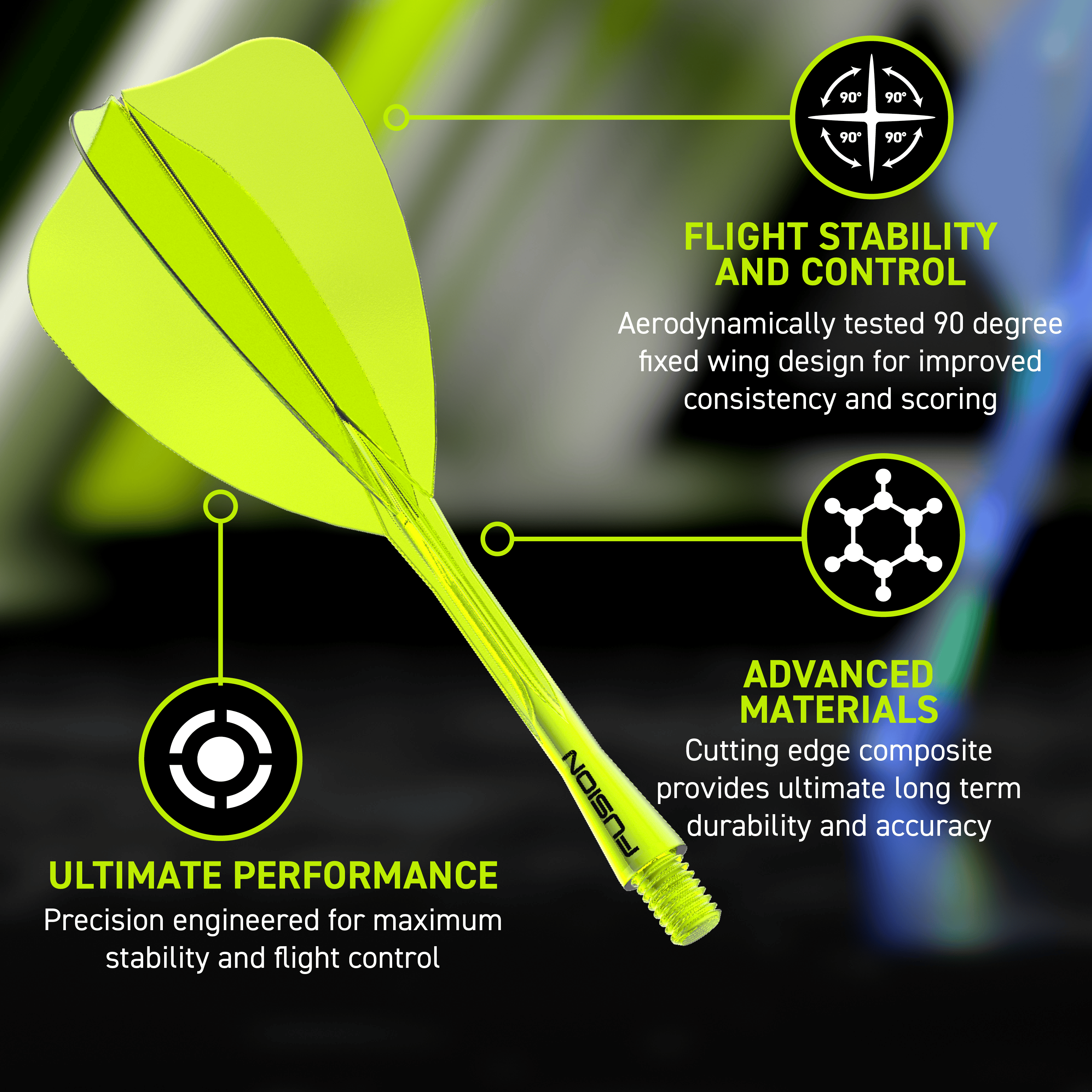 Winmau Fusion Flight Shaft System Arrow Neon Yellow Das Bild zeigt das Winmau Fusion Flight-Shaft-System Arrow Neon Yellow. Es handelt sich um einen neon-gelben Flight-Shaft für Darts.