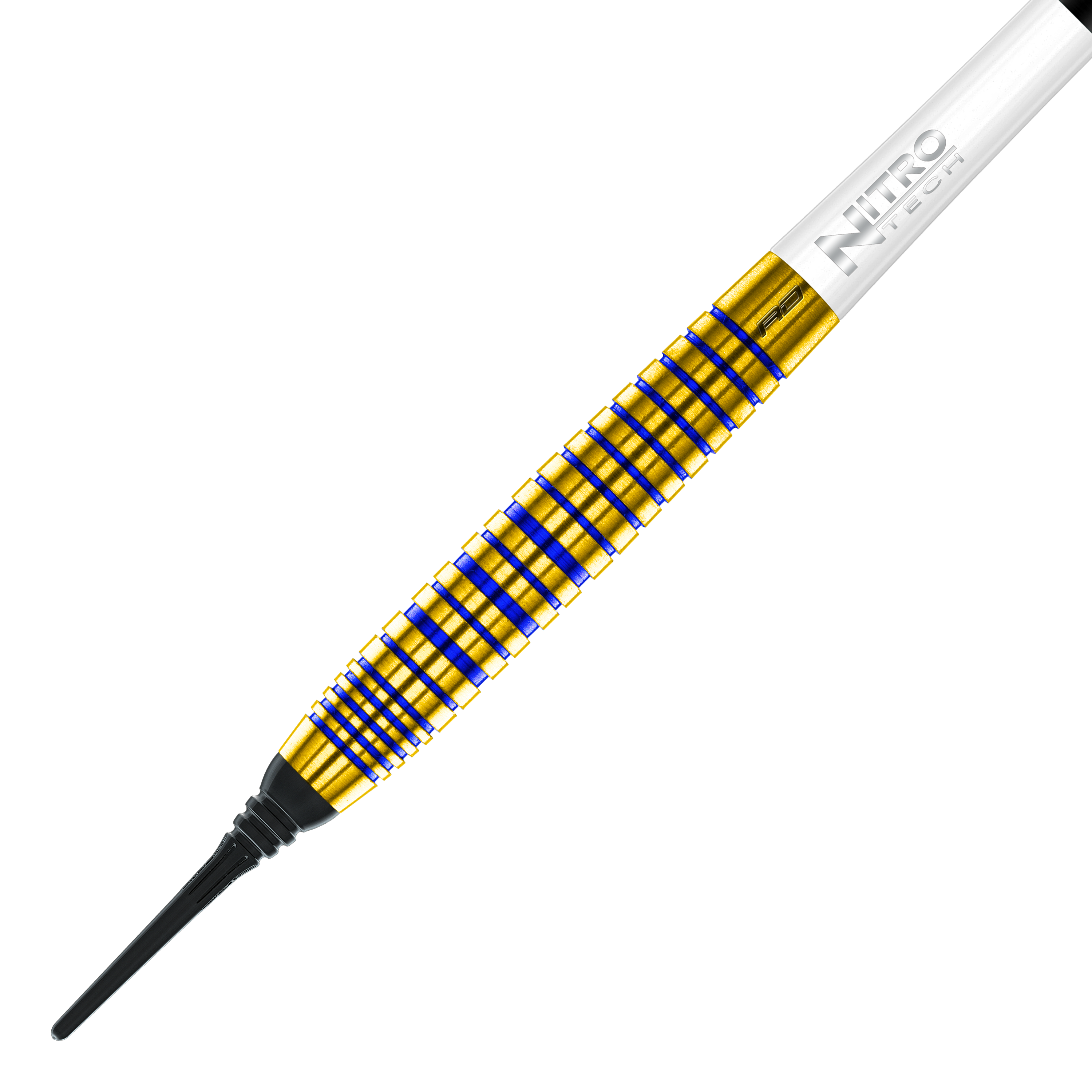 Das Bild zeigt einen Softdart aus der Serie „Red Dragon Luke Humphries TX3 Gold SE“ mit einem Gewicht von 20 Gramm. Der Dart hat einen goldenen Schaft mit blauen Rillen und einer weißen „Nitro Tech“-Schraube.