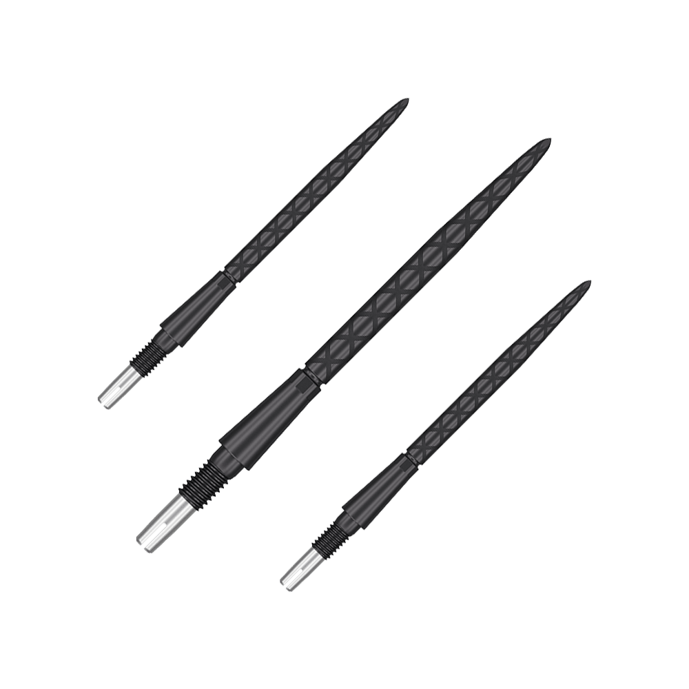 Target Swiss Storm Diamond Point Dart Tips - Black Auf dem Bild sind drei schwarze Dartspitzen mit Rautenmuster zu sehen. Sie sind parallel nebeneinander angeordnet.