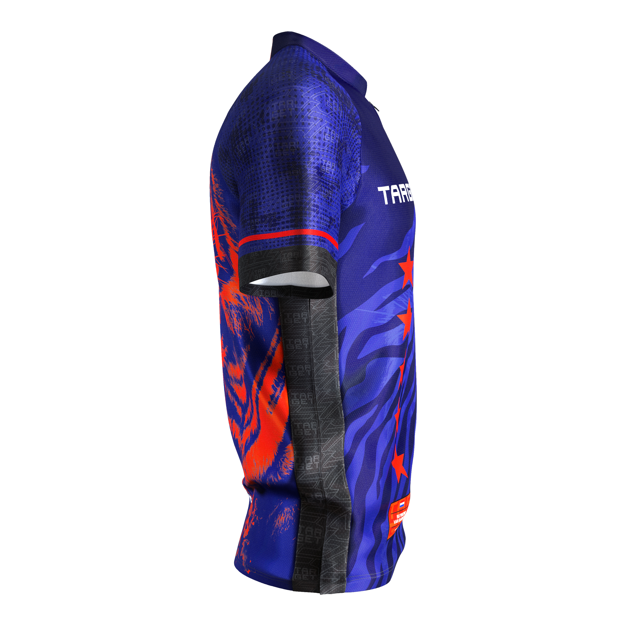 Target Coolplay Raymond Van Barneveld 2025 dart shirt Das Bild zeigt das "Target Coolplay Raymond Van Barneveld 2025 Dartshirt". Das Shirt ist überwiegend blau mit roten und schwarzen Akzenten sowie auffälligen Grafiken.