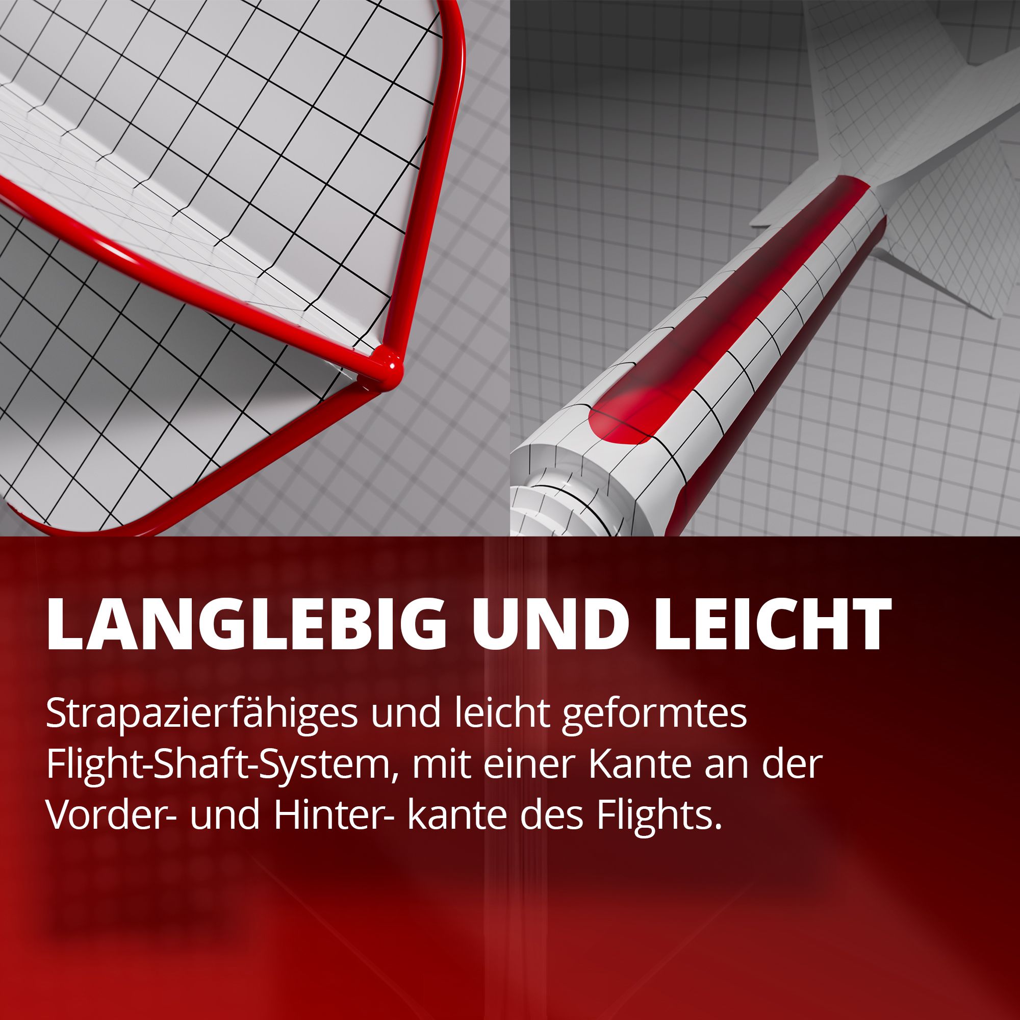 Target K-Flex Gabriel Clemens No2 Standard Flight Shaft System Das Bild zeigt ein langlebiges und leichtes Flight-Shaft-System mit rotem Rand und Gittermuster. Es betont die strapazierfähige und leichte Bauweise mit speziellen Kanten am vorderen und hinteren Bereich des Flights.