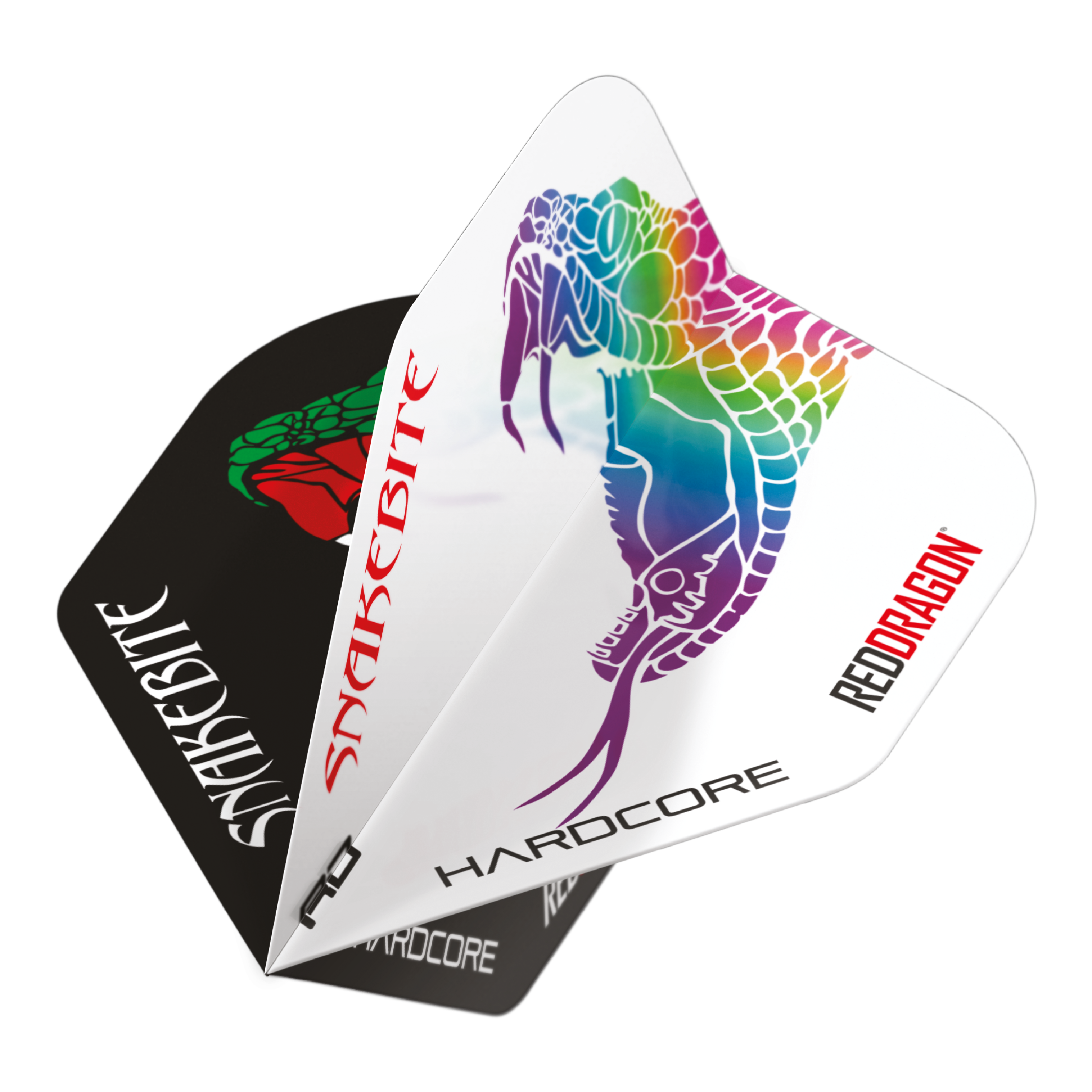 Red Dragon Peter Wright Snakebite Black White Yin Yang Standard Flights Das Bild zeigt die Red Dragon Peter Wright Snakebite Black White Yin Yang Standard Flights für Darts. Auf den Flights sind bunte Schlangenmotive und die Schriftzüge "Snakebite" und "Red Dragon" zu sehen.