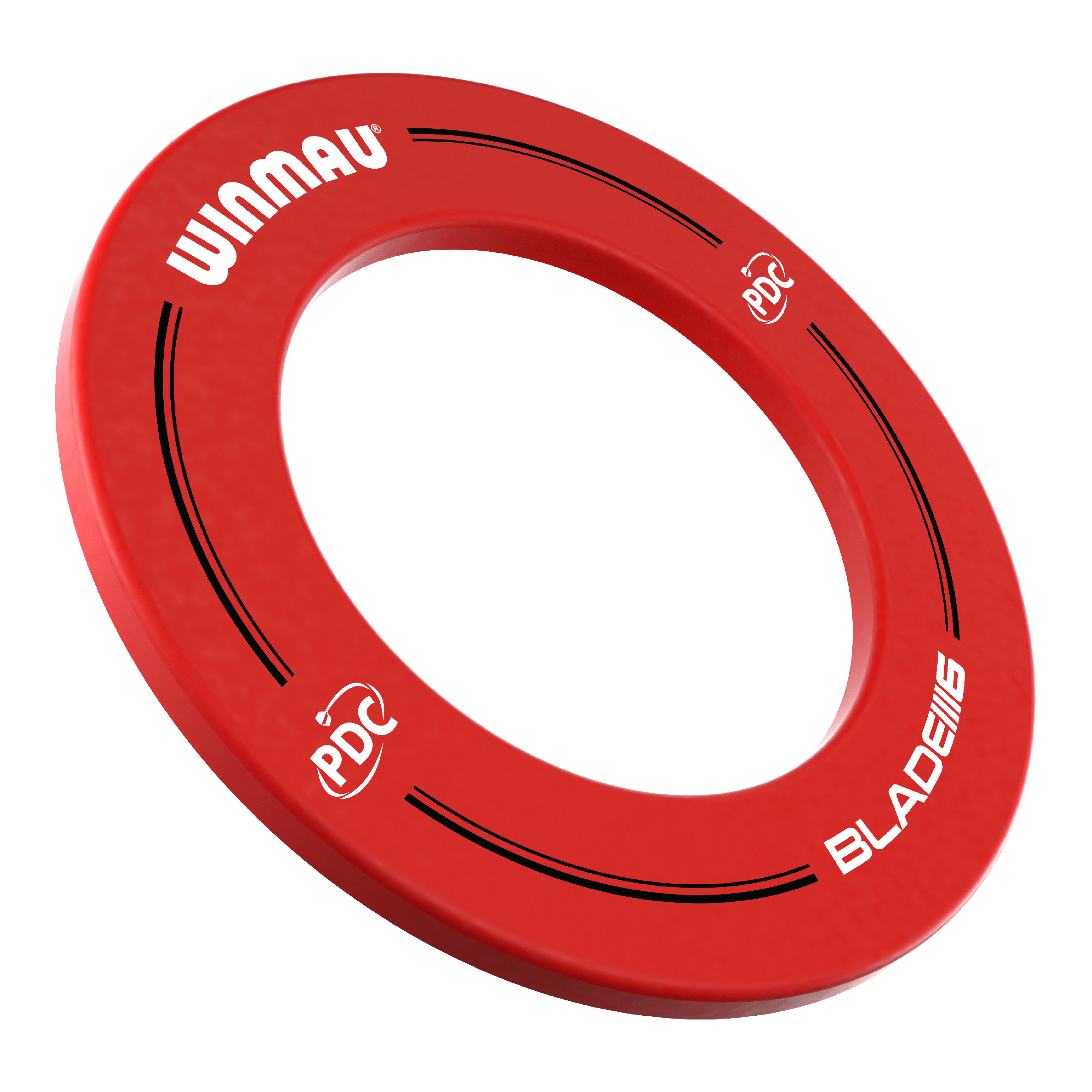 Winmau PDC Dartboard Surround - Red Das Bild zeigt einen roten Dartboard-Surround der Marke Winmau mit der Aufschrift „PDC“ und „BLADE 6“. Er wird verwendet, um die Wand rund um ein Dartboard vor Beschädigungen zu schützen.