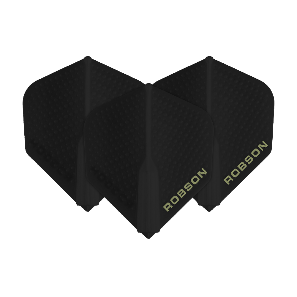 Das Bild zeigt drei schwarze Robson Plus Dimple Flights für Dartpfeile. Auf den Flights steht der Schriftzug "ROBSON" in heller Farbe.