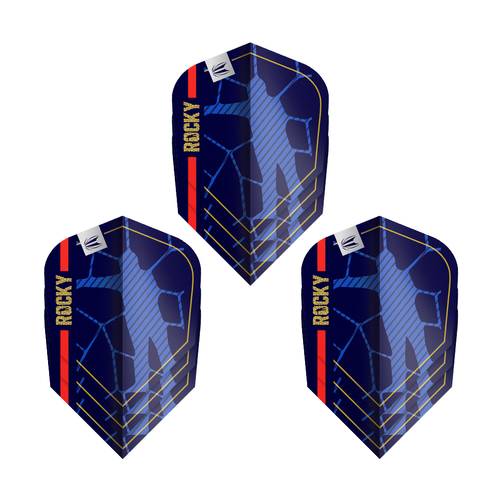 Target Pro Ultra Josh Rock GEN1 Ten-X Flights - 3 Sets Das Bild zeigt drei Sets der "Target Pro Ultra Josh Rock GEN1 Ten-X Flights". Die Flights sind dunkelblau mit gelben und roten Akzenten und dem Schriftzug "ROCKY".