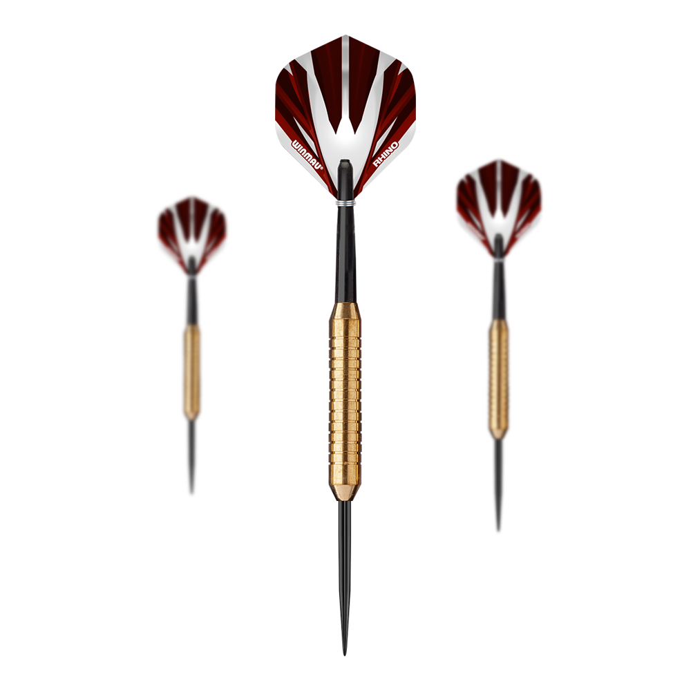 Winmau Broadside Brass Steeldarts - 22g Das Bild zeigt drei Winmau Broadside Brass Steeldarts mit einem Gewicht von 22 Gramm. Die Darts haben goldfarbene Griffe und schwarz-rote Flights.
