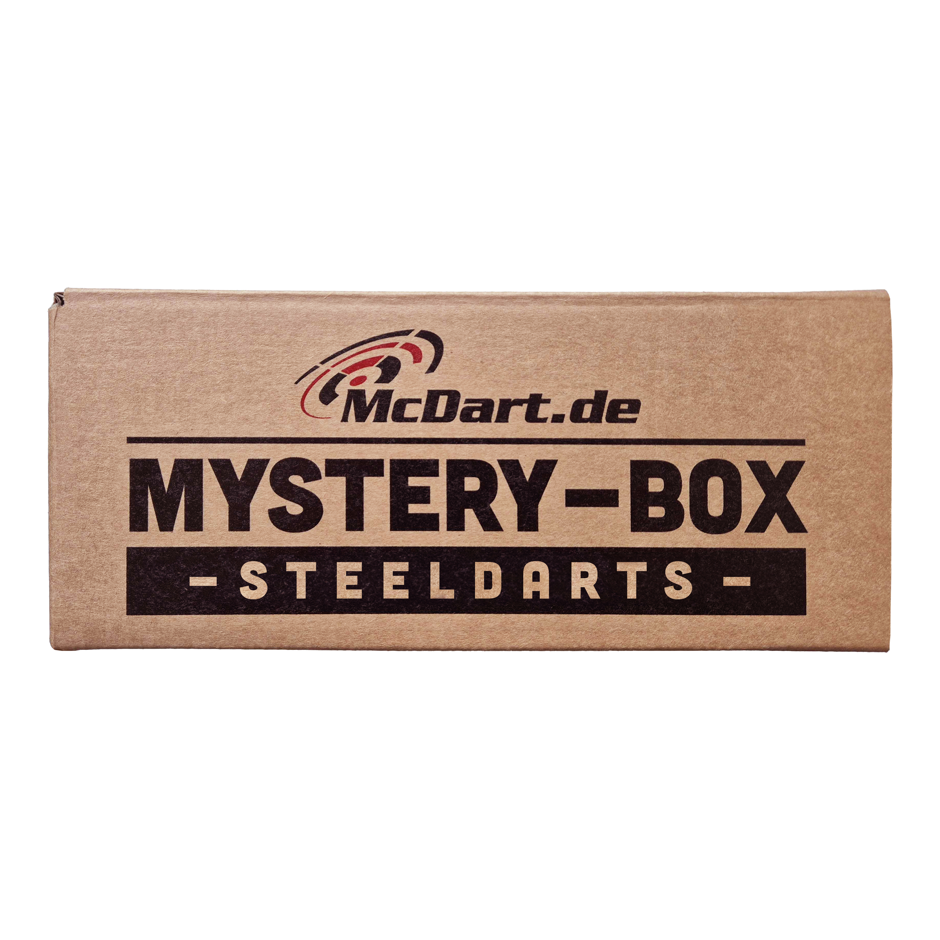 Phil Taylor Mystery Soft Dart Fan Box Auf dem Bild ist eine braune Box mit der Aufschrift "McDart.de Mystery-Box Steeldarts" zu sehen. Es handelt sich um eine Überraschungsbox für Steeldart-Fans.