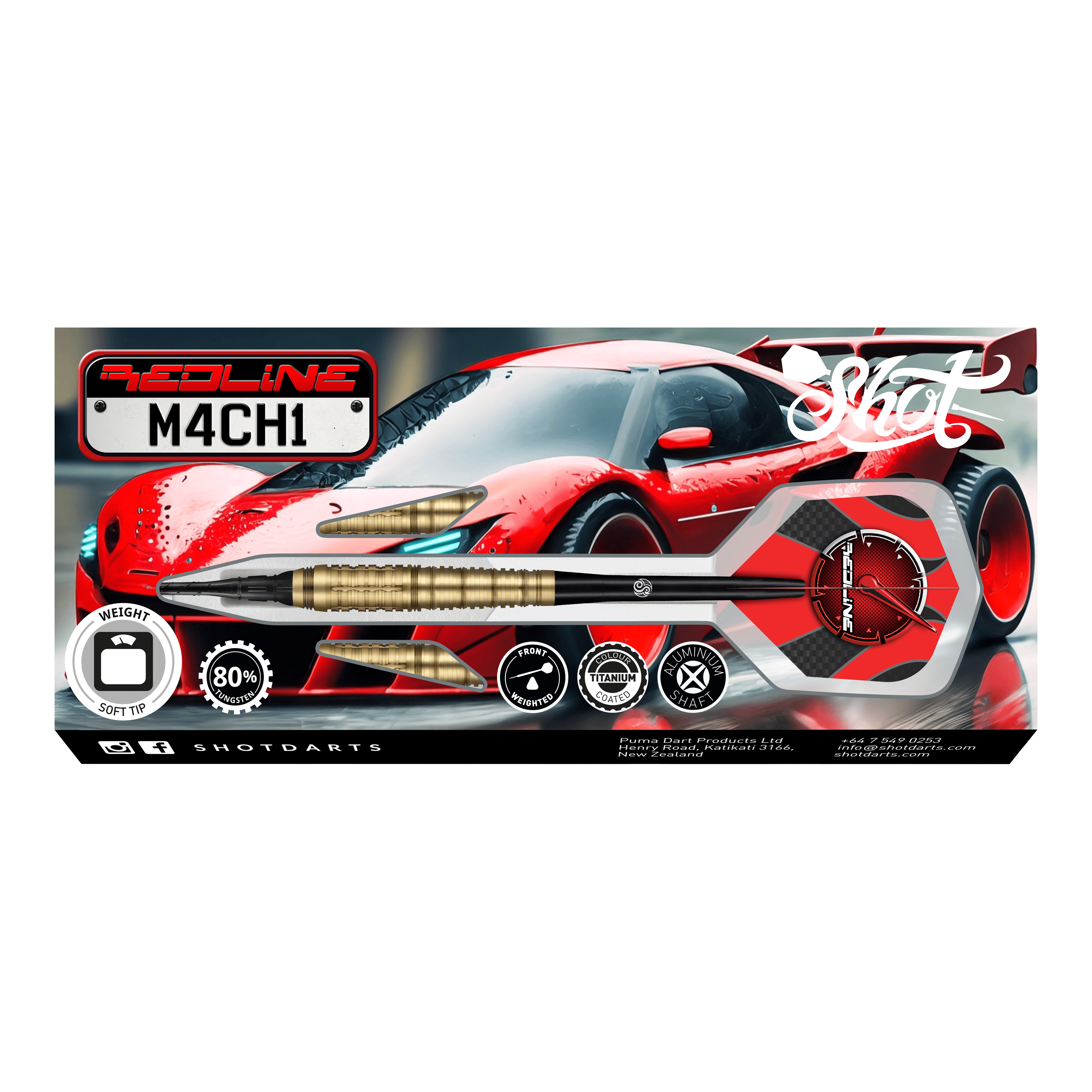 Shot Redline Mach 1 soft darts - 20g Das Bild zeigt die Verpackung der "Shot Redline Mach 1 Softdarts - 20g". Auf der Packung ist ein roter Sportwagen zusammen mit einem abgebildeten Softdart-Pfeil zu sehen.