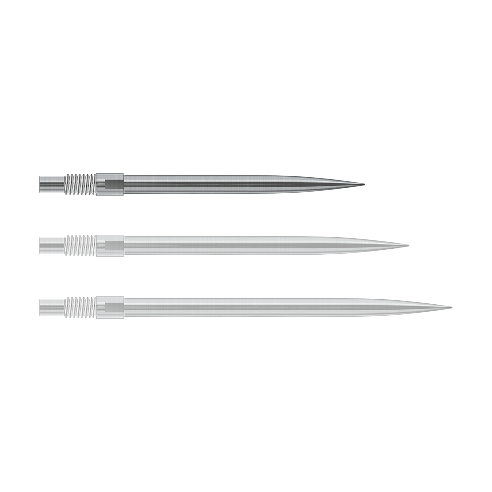 Abgebildet sind Harrows QuickPoint Dartspitzen in Silber, 30mm lang. Das Foto stellt das Produkt aus einer anderen Perspektive dar.