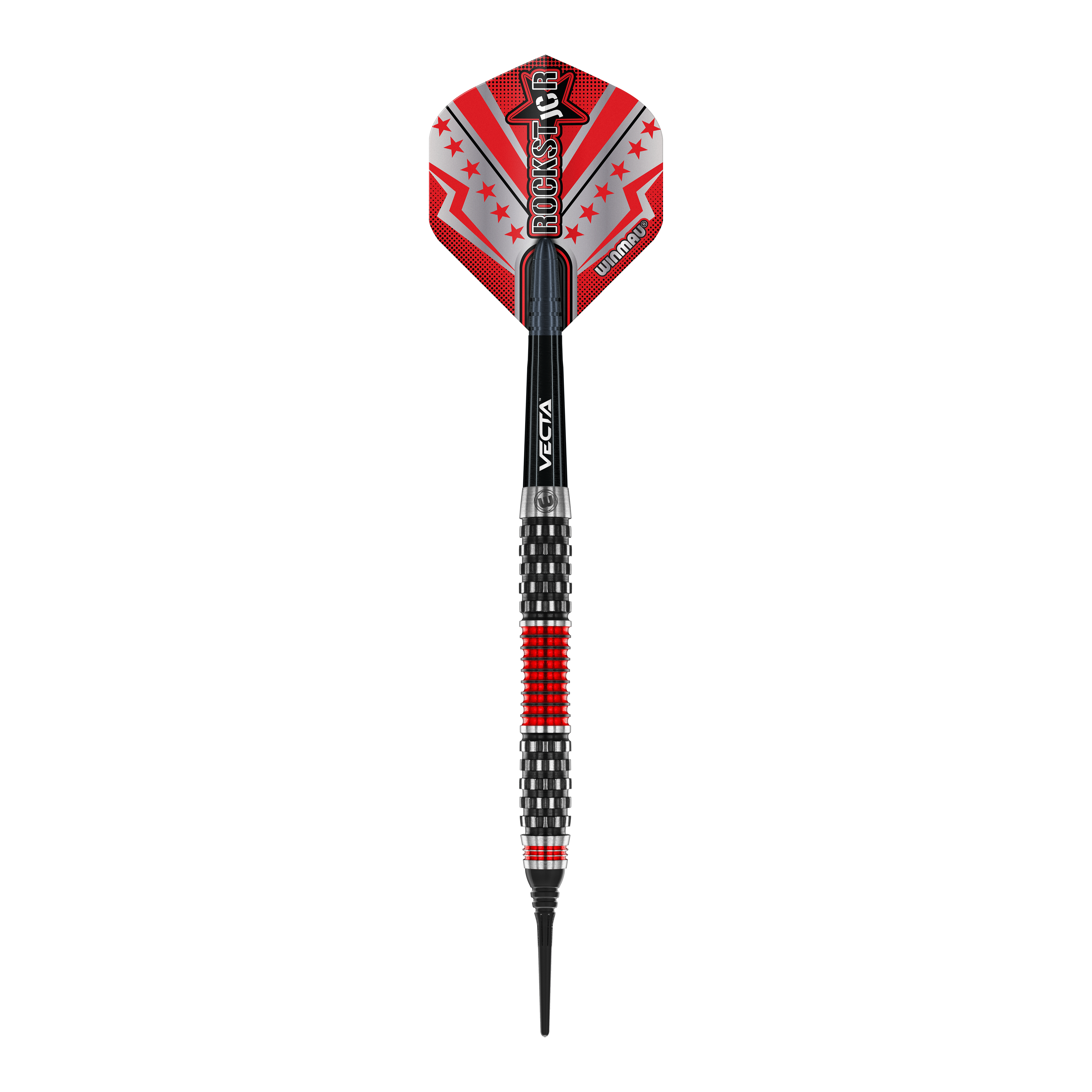 Winmau Joe Cullen Rockstar Series RS1 Soft Darts - 20g Dieses Bild zeigt einen Winmau Joe Cullen Rockstar Series RS1 Softdart mit einem Gewicht von 20g. Der Dart ist schwarz und rot gestaltet und hat einen auffälligen Flights mit dem Aufdruck "Rockstar".