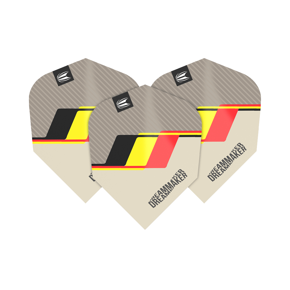 TG78_336510_Target_Pro_Ultra_Dimitri_Van_Den_Bergh_2022_Ten-X_Flights_1D0Y7Ur05qMC7H Das Bild zeigt drei Dart-Flights mit dem Namen "Target Pro Ultra Dimitri Van Den Bergh TenX Flights". Sie sind in Beige, Grau, Schwarz, Gelb und Rot gestaltet und tragen den Schriftzug "DREAMMAKER".