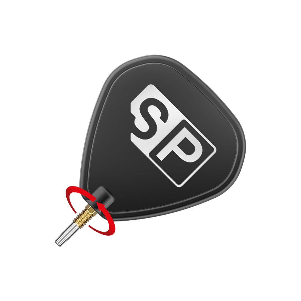 Target Swiss Point RVE dart tips - Gold Das Bild zeigt eine Dartspitze mit einem schwarzen Flight, auf dem "SP" steht. Ein roter Pfeil deutet auf eine Drehbewegung an der goldenen Spitze hin.