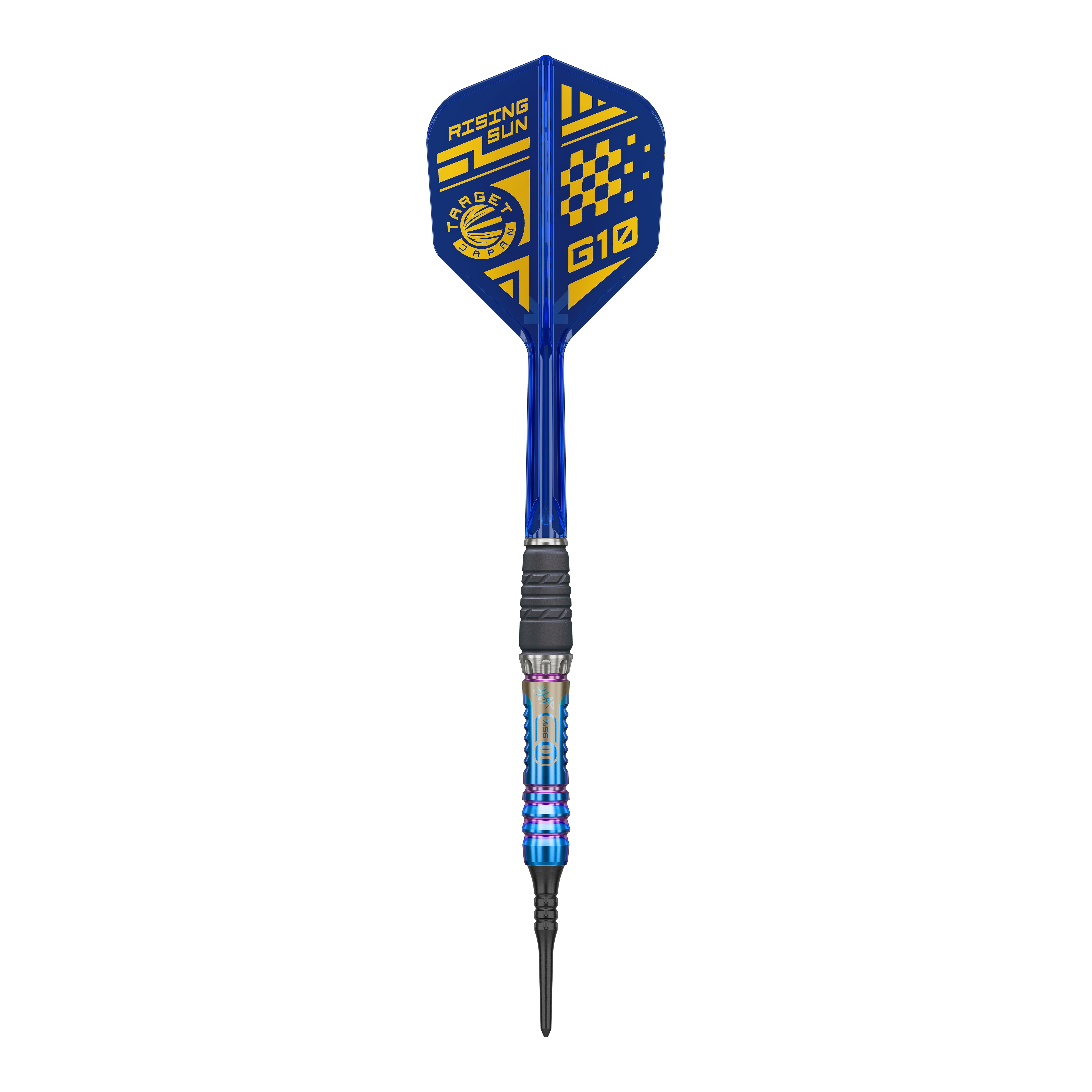 Dieses Bild zeigt den Target Japan Rising Sun GEN10 Softdarts mit 21,5g. Der Dart besticht durch seine auffällige Gestaltung und hervorragende Verarbeitung.