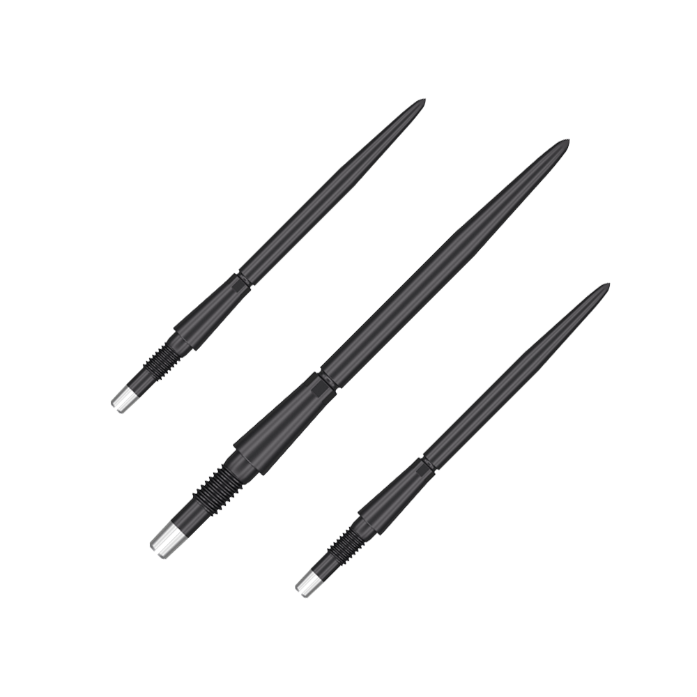 Target Swiss Storm Point Dart Tips - Black Auf dem Bild sind drei schwarze Dartspitzen zu sehen. Sie sind lang, schmal und haben ein glänzendes, metallisches Ende.