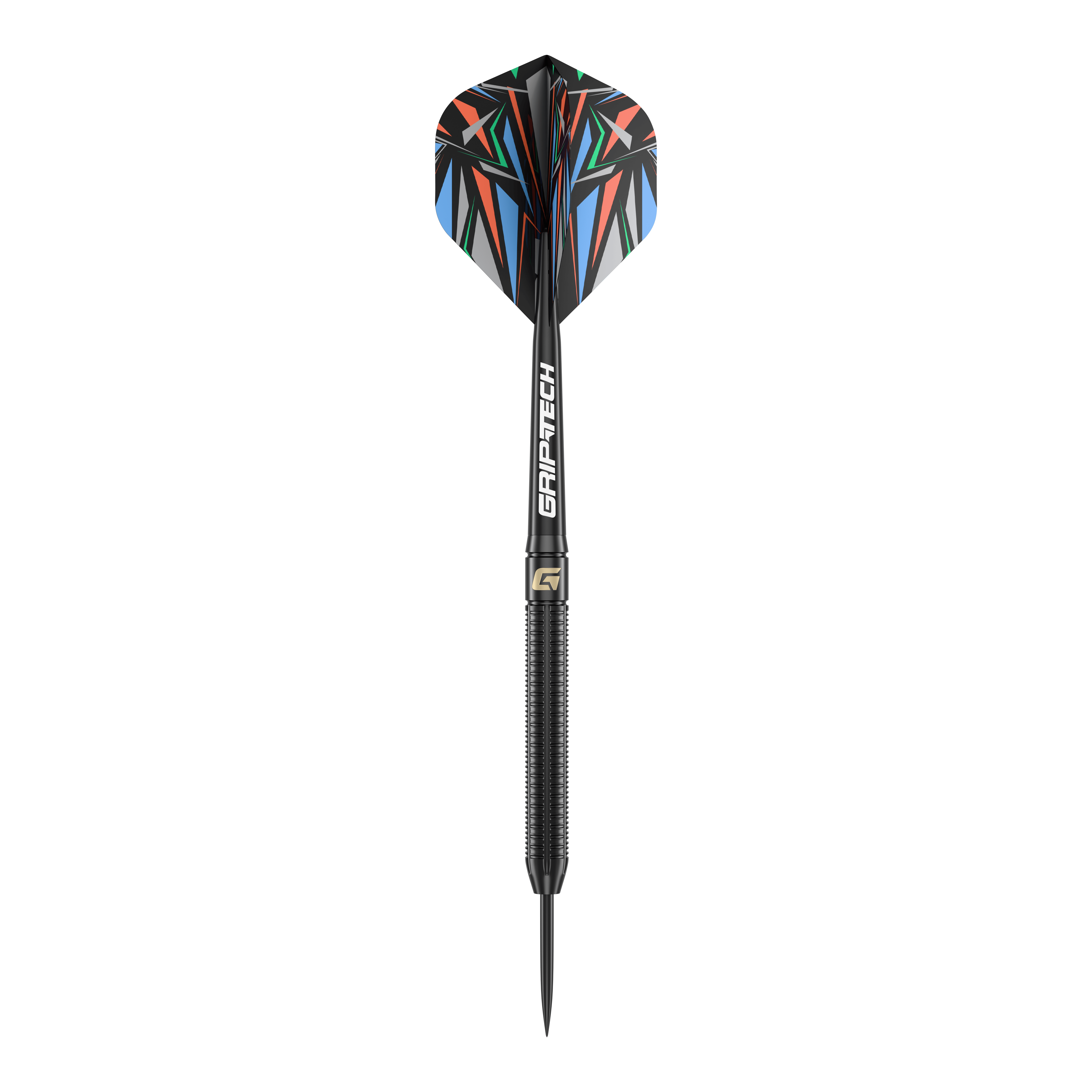 GOAT Athlete Black Brass Steeldarts - 13g Das Bild zeigt einen GOAT Athlete Black Brass Steeldart mit einem Gewicht von 13g. Der Dart hat eine schwarze, gerändelte Spitze und bunte Flights mit geometrischem Muster.