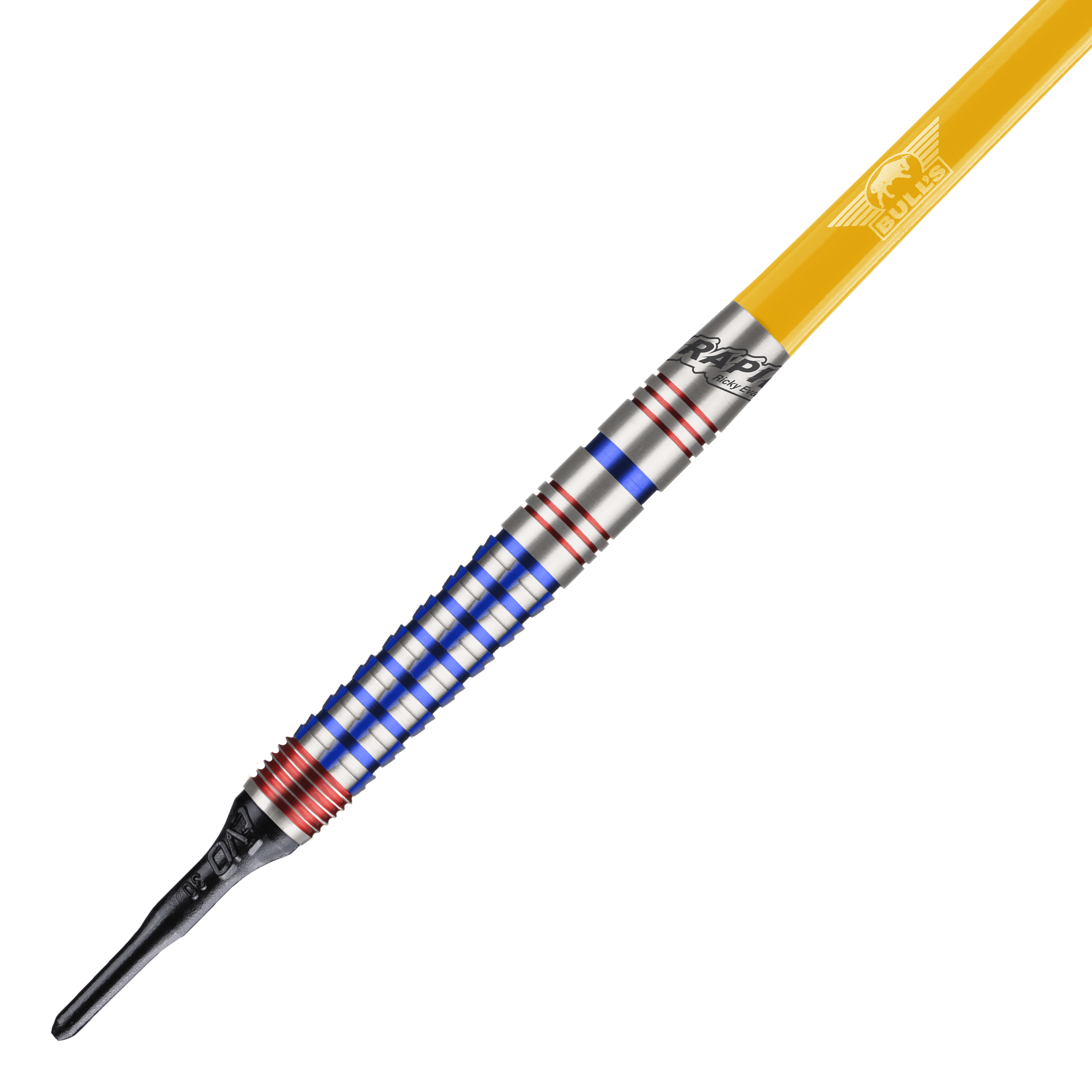 Bulls NL Ricky Evans Rapid Edition One Soft Darts - 20g Dies ist ein Softdart aus der Serie "Bulls NL Ricky Evans Rapid Edition One" mit einem Gewicht von 20g. Der Dart hat einen silbernen Schaft mit blauen und roten Ringen sowie einen gelben Flight.