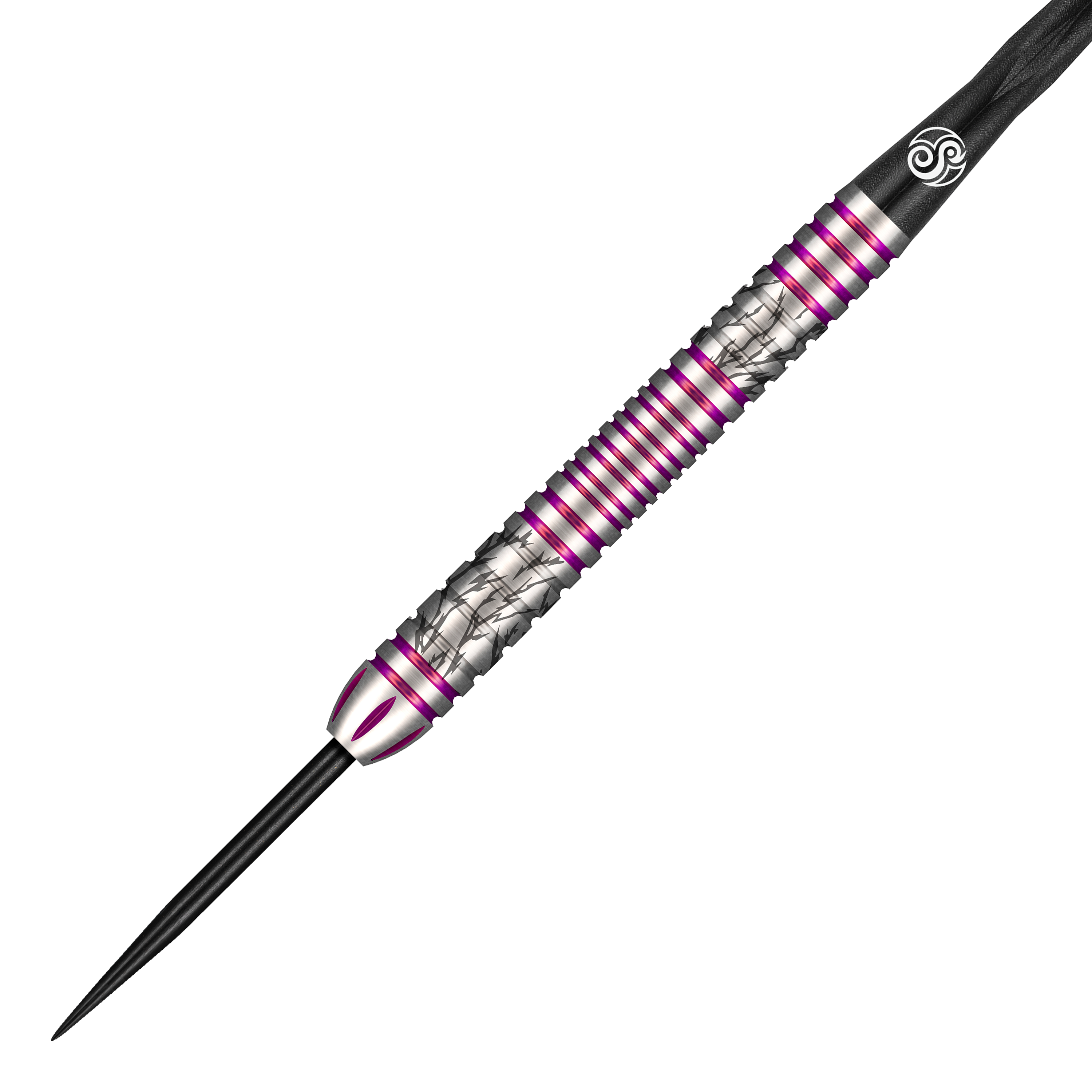 Shot Pro Series Barbora Hospodarska 2 Steeldarts - 23g Das Bild zeigt einen Steeldart aus der Shot Pro Series Barora Hospodarska mit einem Gewicht von 23g. Der Dart ist silberfarben mit lila Akzenten und besitzt ein auffälliges, strukturiertes Design.