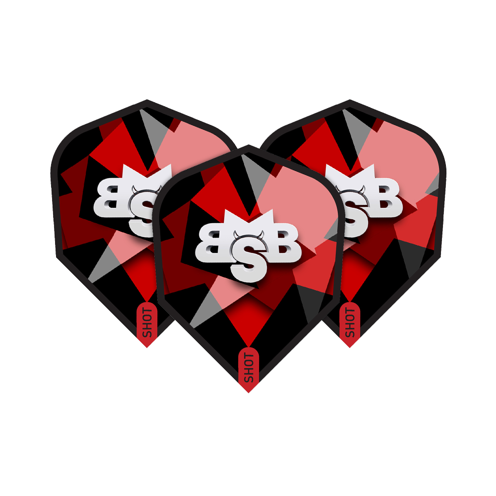 Shot Michael Smith Defiant No6 Flights Das Bild zeigt drei Dart-Flights des Produkts "Shot Michael Smith Defiant No6 Flights". Die Flights sind in Schwarz, Rot und Grau gestaltet und zeigen ein auffälliges Logo mit den Buchstaben "BSB".