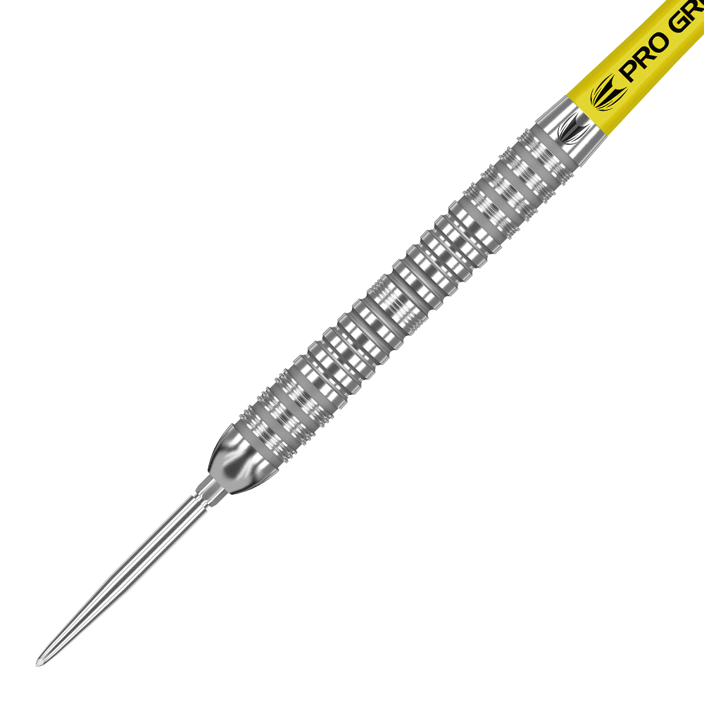 190060_Target_Bolide_04_Swiss_Point_Steeldarts_2 Das Bild zeigt einen Target Bolide 04 Swiss Point Steeldart. Der Dart ist silberfarben mit einem gelben Schaft und einem geriffelten Griffbereich.