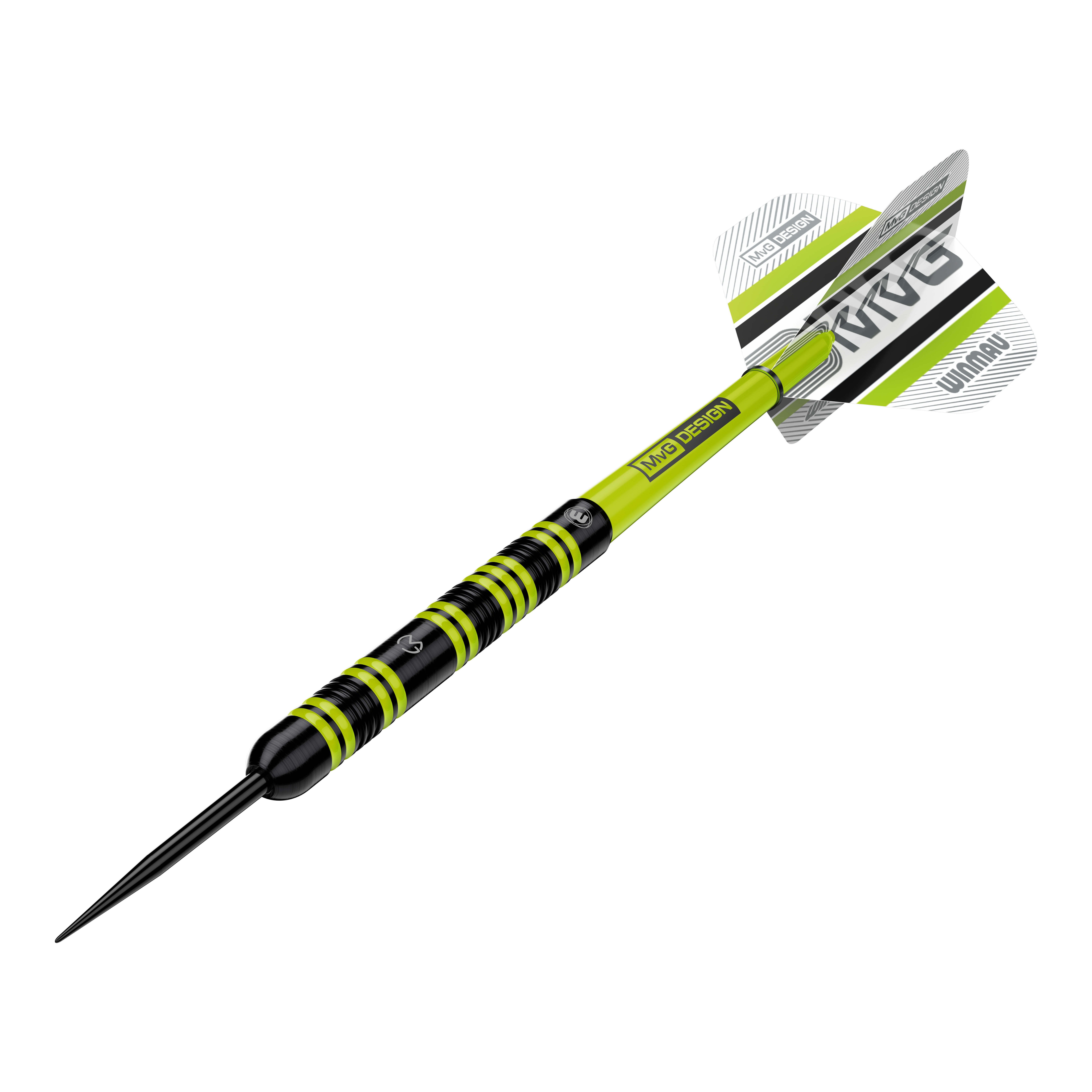 Winmau Michael Van Gerwen 85 Pro-Series steel darts Das Produkt Winmau Michael Van Gerwen 85 Pro-Series Steeldarts ist in einer alternativen Ansicht abgebildet. Die Darts sind in einer Linie angeordnet.