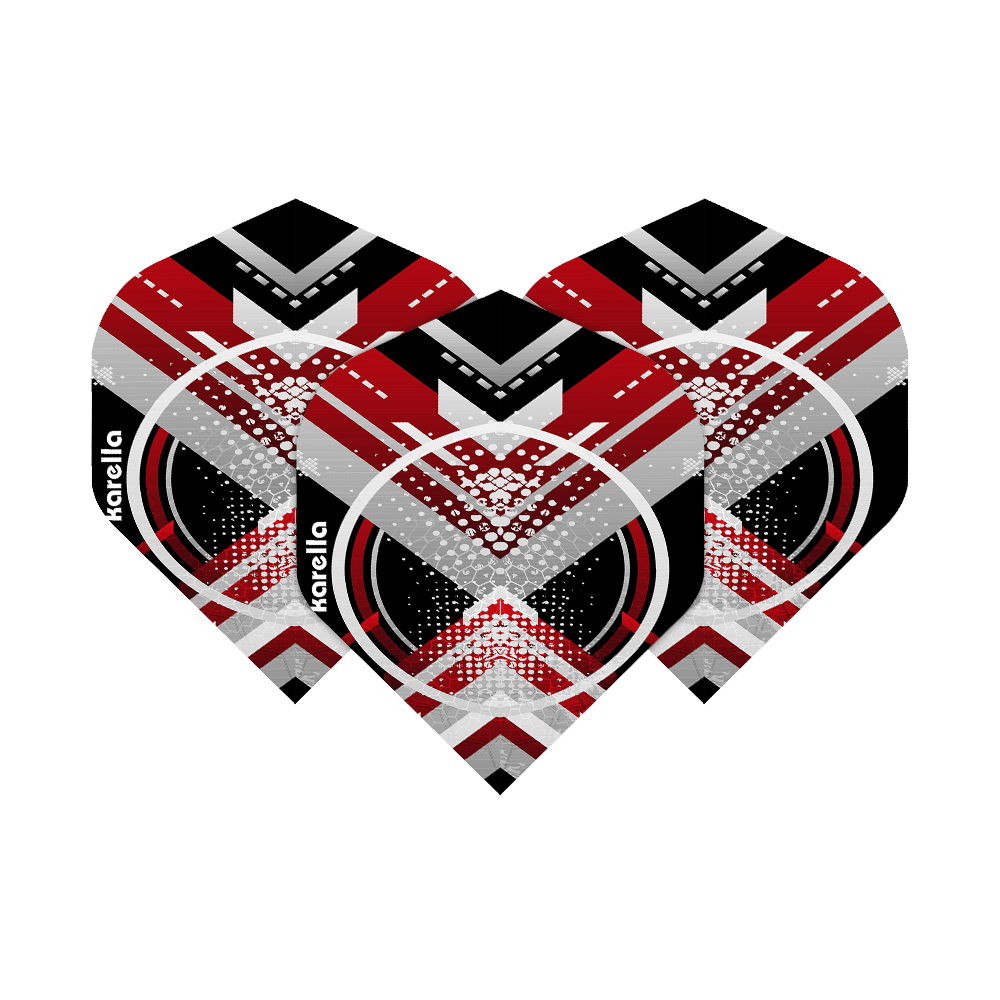 8032-10_Karella_XT-3_No2_Standard_Flights_16PxozAZoIipGn Das Bild zeigt drei Karella XT-3 No2 Standard Flights. Die Flights haben ein modernes Design in Schwarz, Rot, Weiß und Grau.