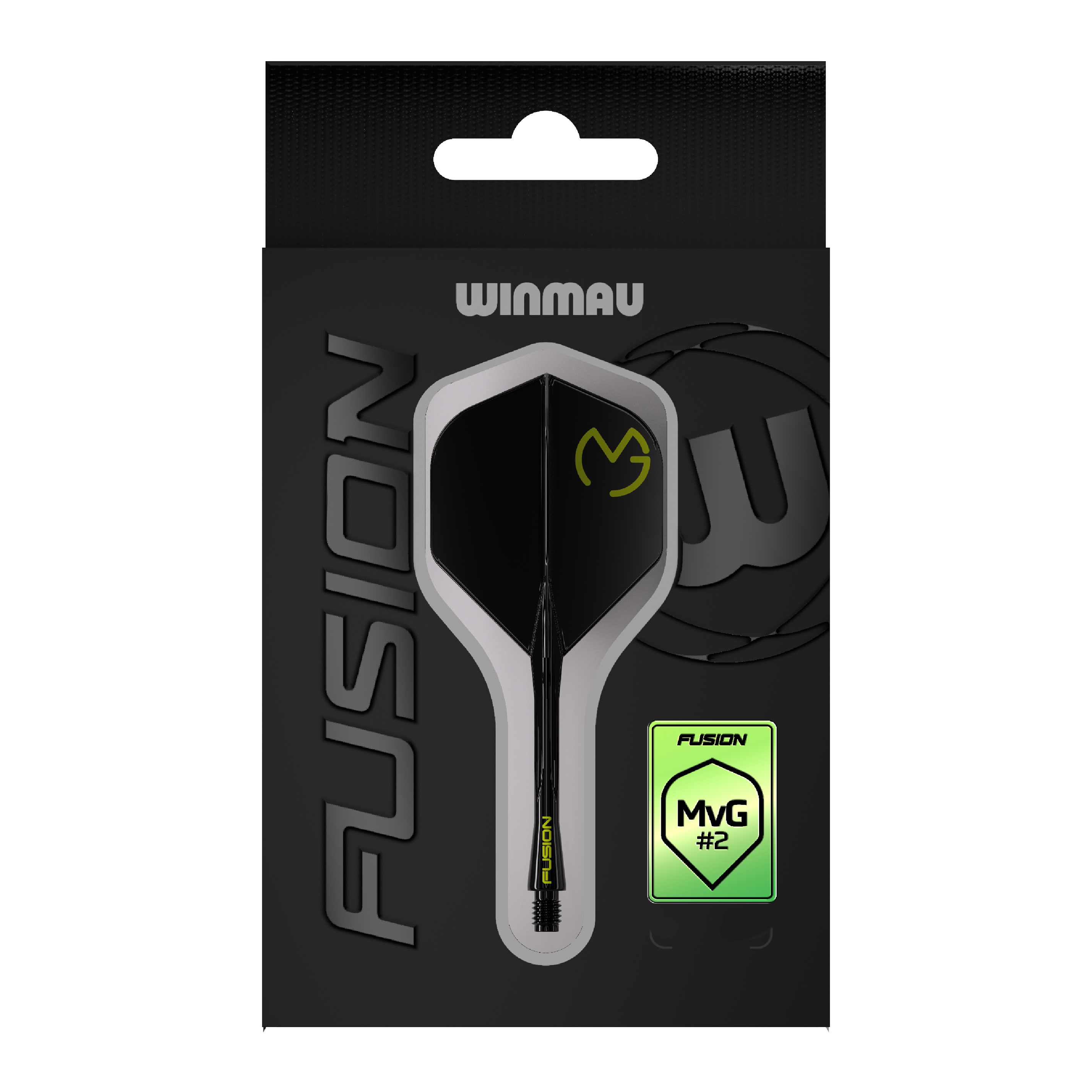 Das Bild zeigt die Verpackung des Winmau Fusion Flight-Shaft-Systems Michael Van Gerwen Pacman Nr. 2 Standard. Das Produkt ist schwarz mit gelben Akzenten gestaltet und trägt das MVG-Logo.