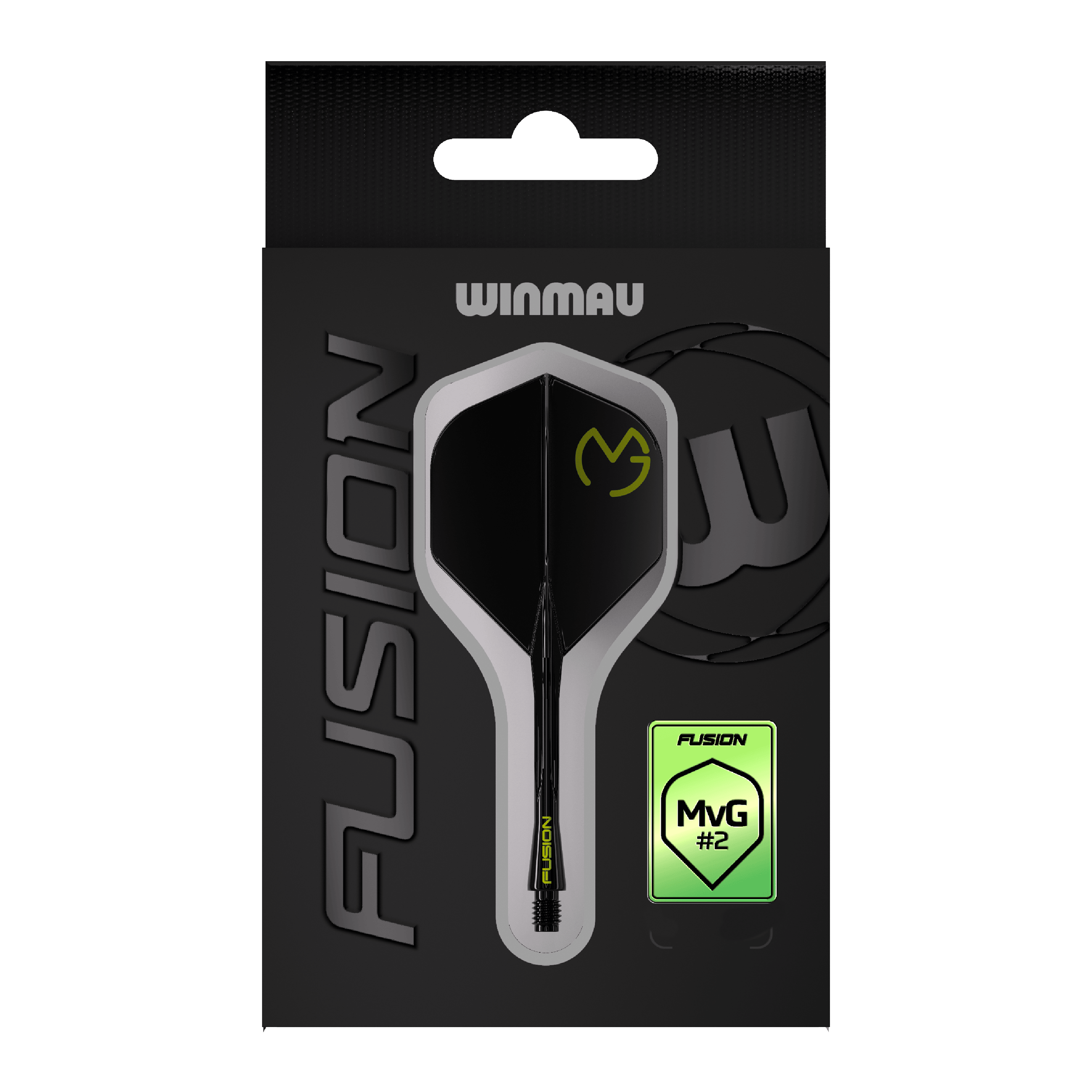 Winmau Fusion Flight Shaft System Michael Van Gerwen Pacman No6 Das Bild zeigt die Verpackung des Winmau Fusion Flight-Shaft-Systems Michael Van Gerwen Pacman Nr. 2 Standard. Das Produkt ist schwarz mit gelben Akzenten gestaltet und trägt das MVG-Logo.