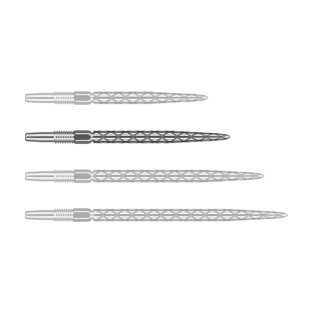 Target Swiss Diamond Pro Silver Points dart tips Auf dem Bild sind vier silberne Dartspitzen in einer Reihe zu sehen. Sie haben ein markantes Rautenmuster auf der Oberfläche.